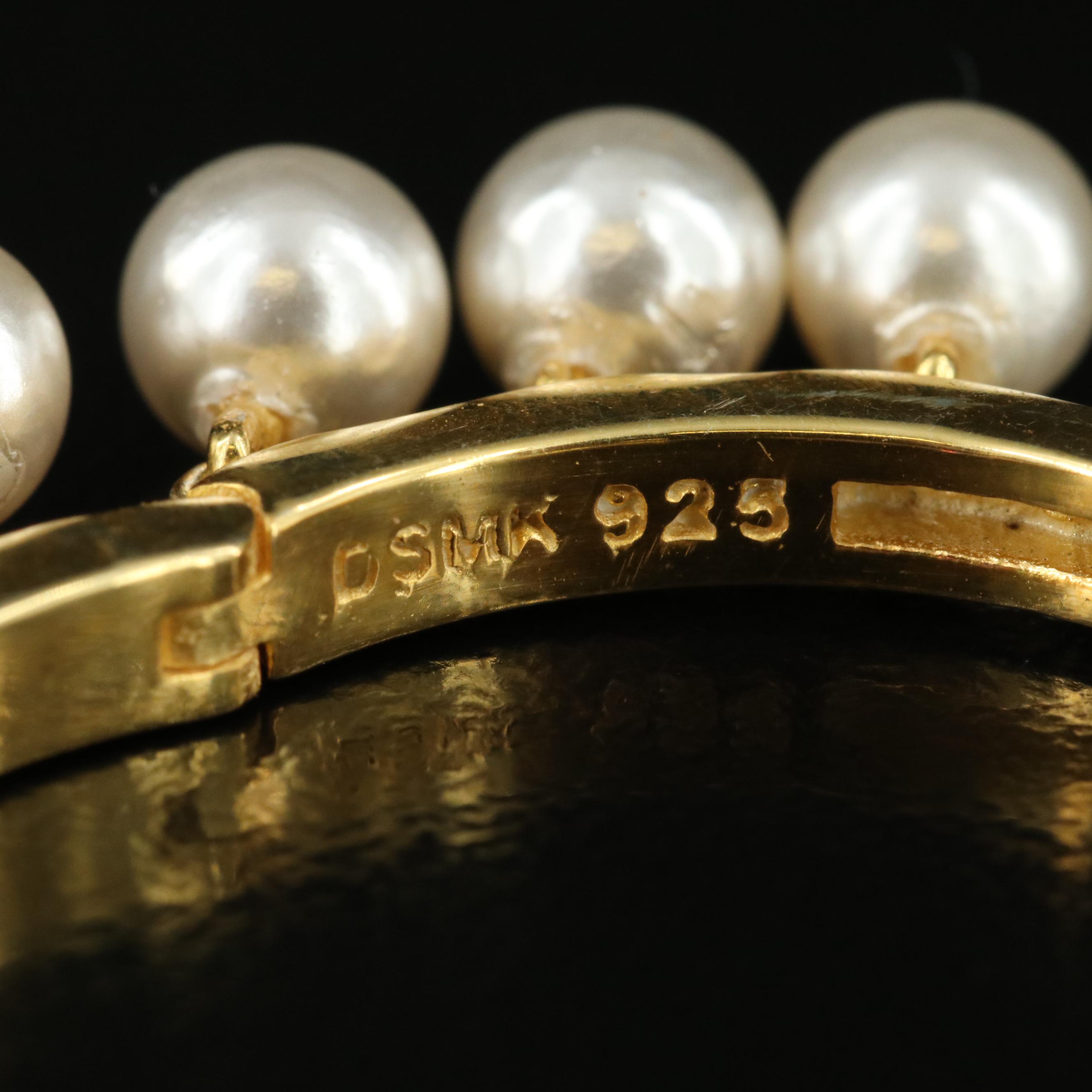 Sterling Faux Pearl and Cubic Zirconia Fringe Hoop Earrings