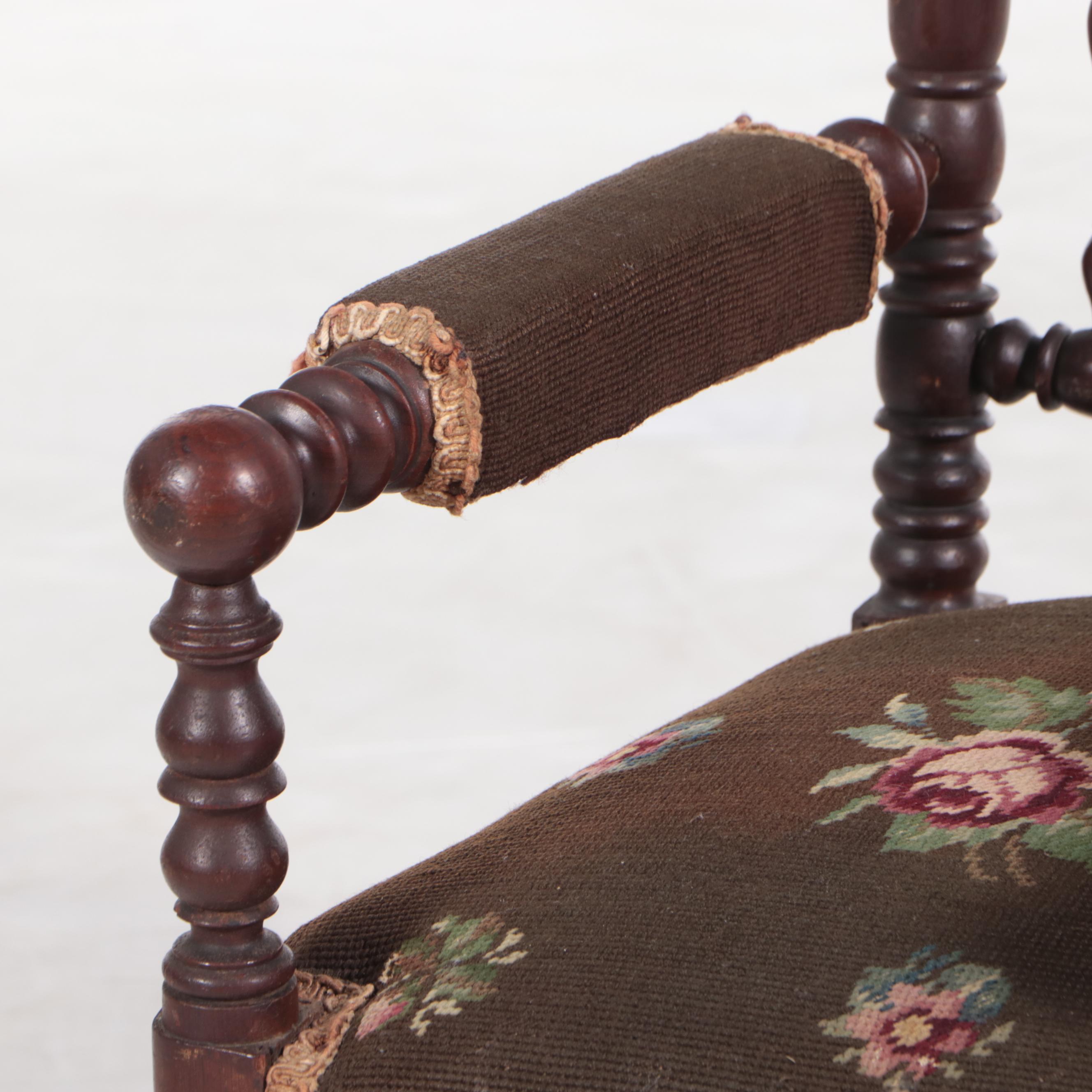 Victorian Carved Walnut and Needlepoint Child's Armchair, Mid/Late 19th Century