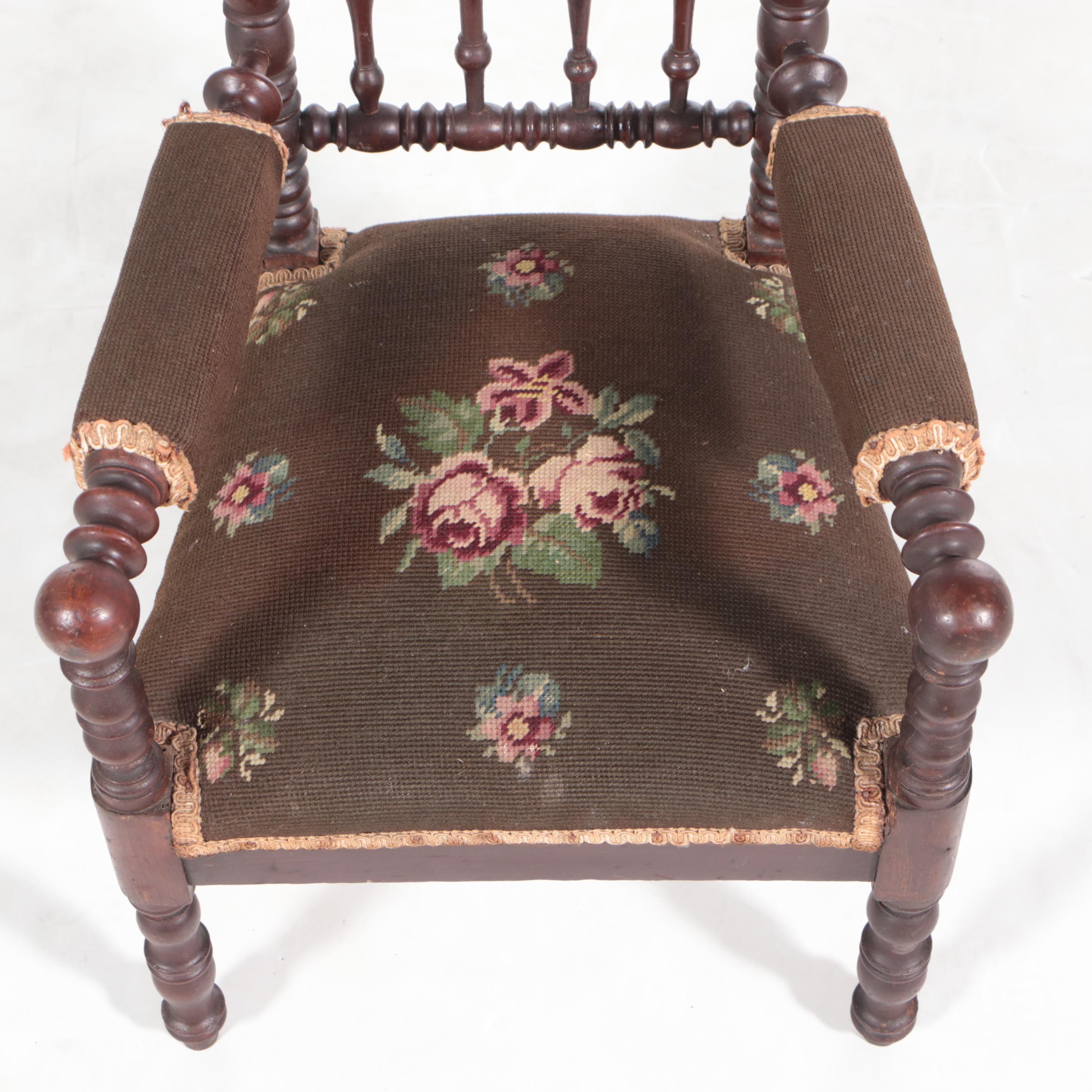 Victorian Carved Walnut and Needlepoint Child's Armchair, Mid/Late 19th Century