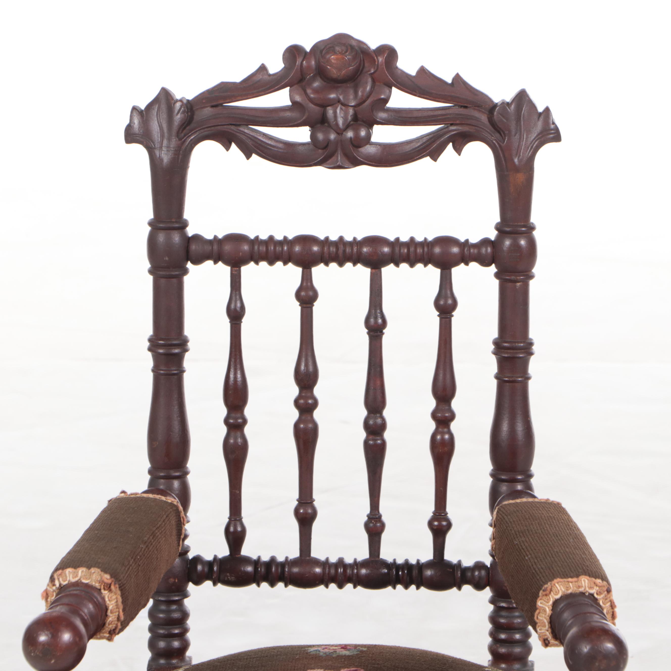 Victorian Carved Walnut and Needlepoint Child's Armchair, Mid/Late 19th Century