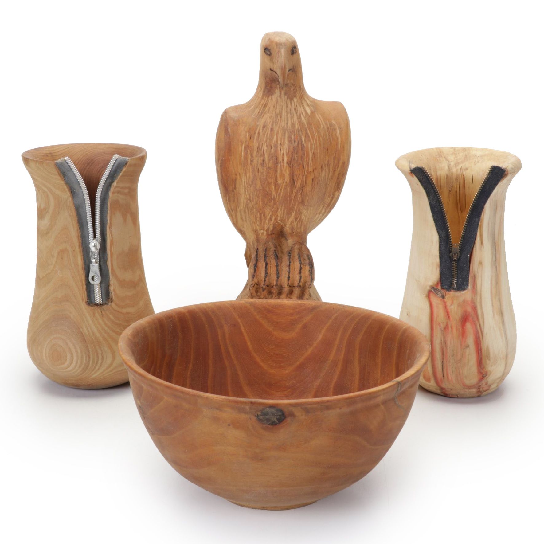 Jim Eliopulos Carved Wooden Eagle Figurine with Turned Wood Vases and Bowls