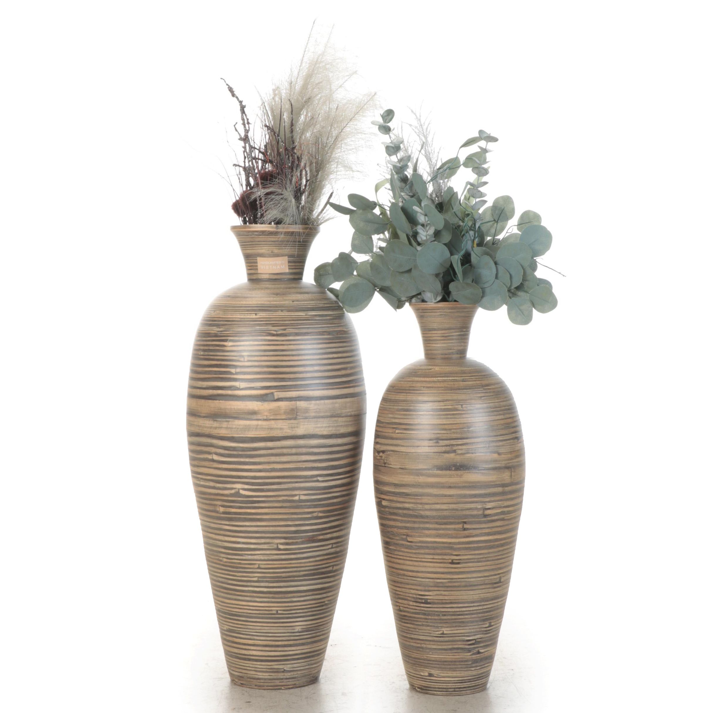 Artificial Eucalyptus and Other Foliage in Striped Pots