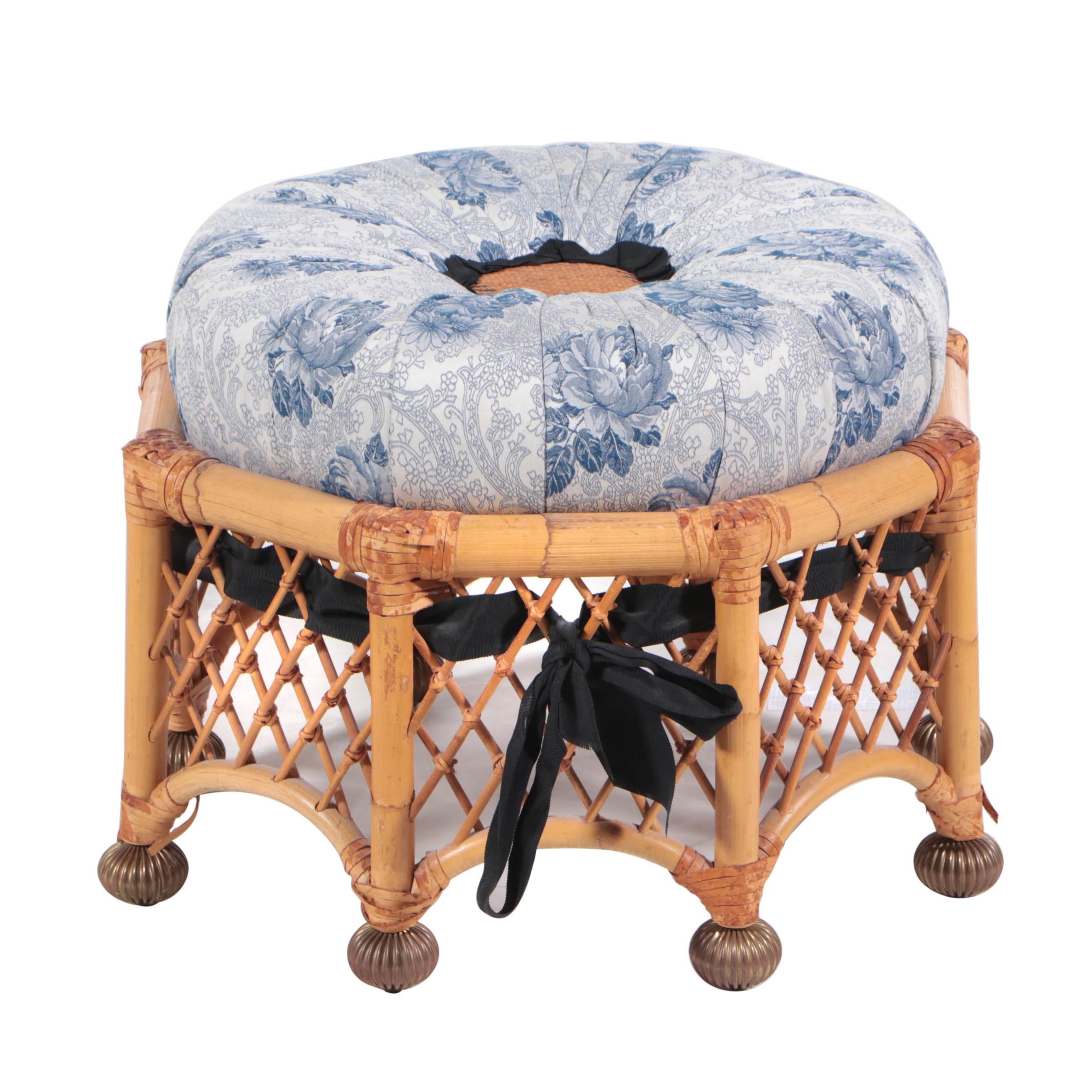 Custom-Upholstered Bamboo, Leather-Bound, and Brass-Mounted Stool