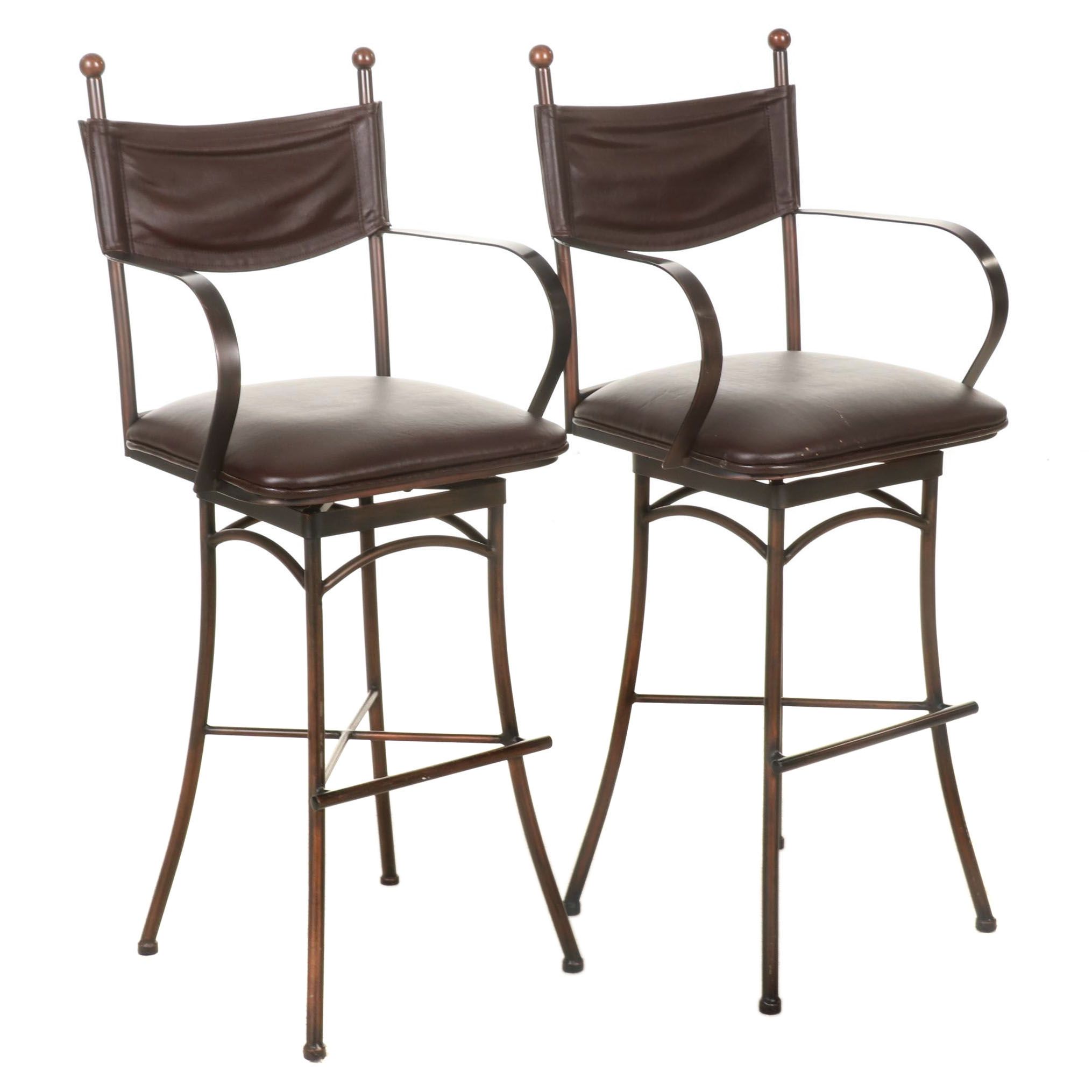 Pair of Faux Leather Upholstered Wood-Grained Metal Counter Stools