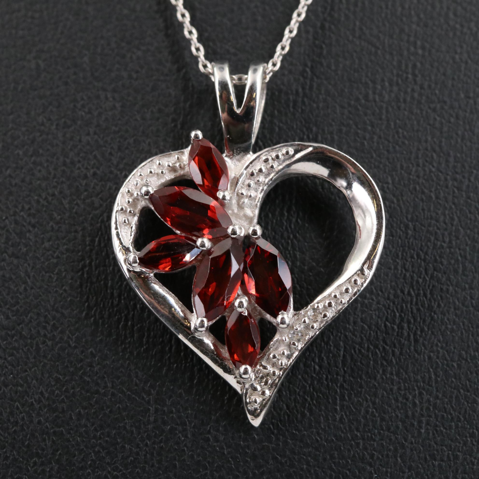 Sterling Garnet and White Topaz Heart Pendant Necklace