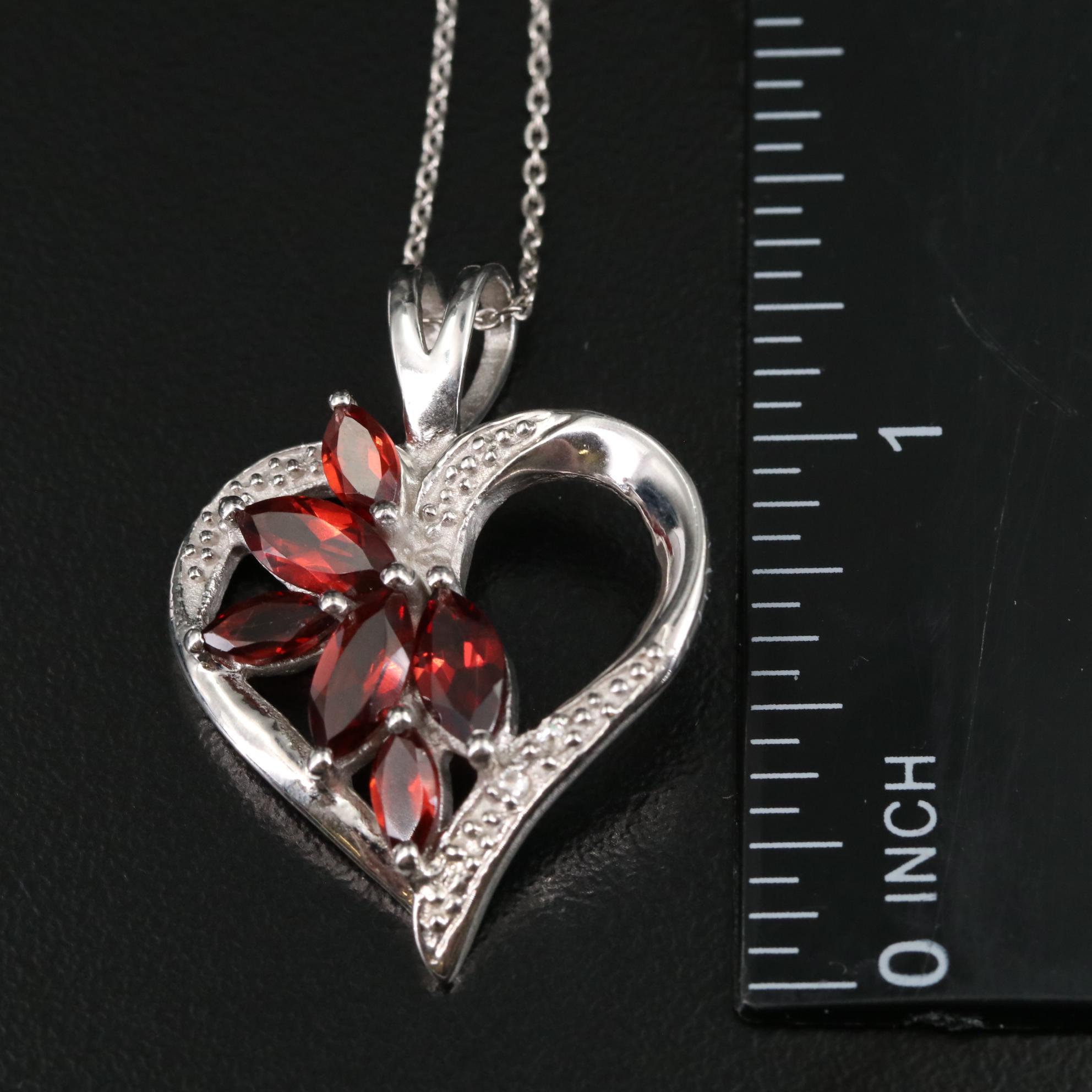 Sterling Garnet and White Topaz Heart Pendant Necklace