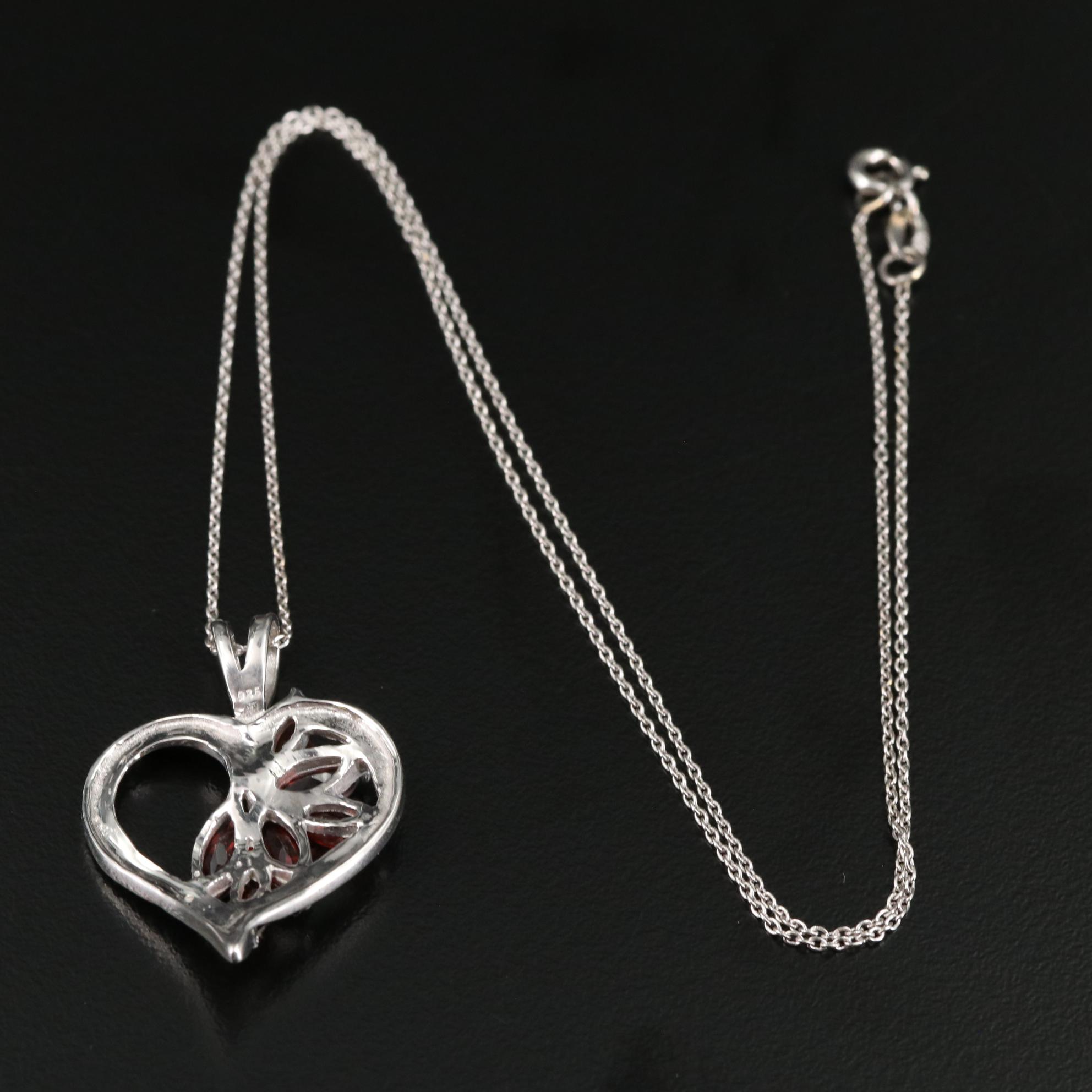 Sterling Garnet and White Topaz Heart Pendant Necklace