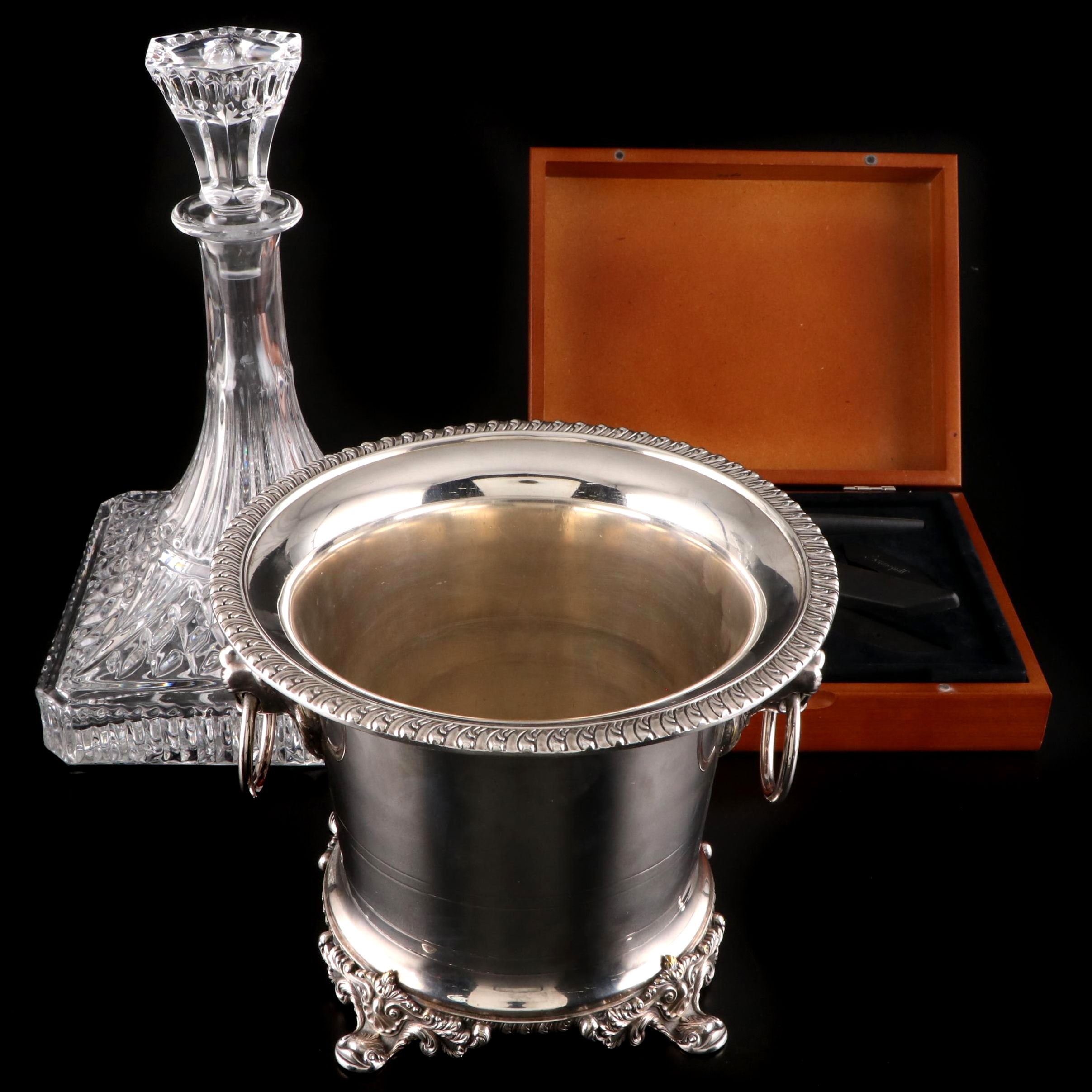 Crystal Ship's Decanter with Silver Plate Wine Cooler and Bottle Opener