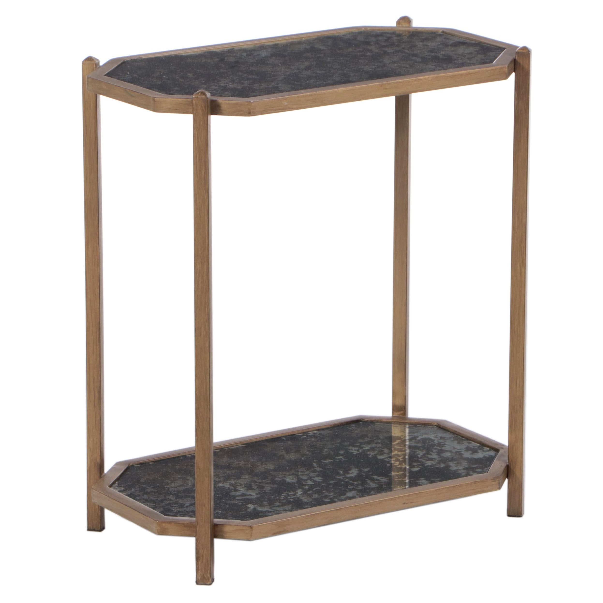 Contemporary Patinated Metal and Mirrored Glass Two-Tier Side Table