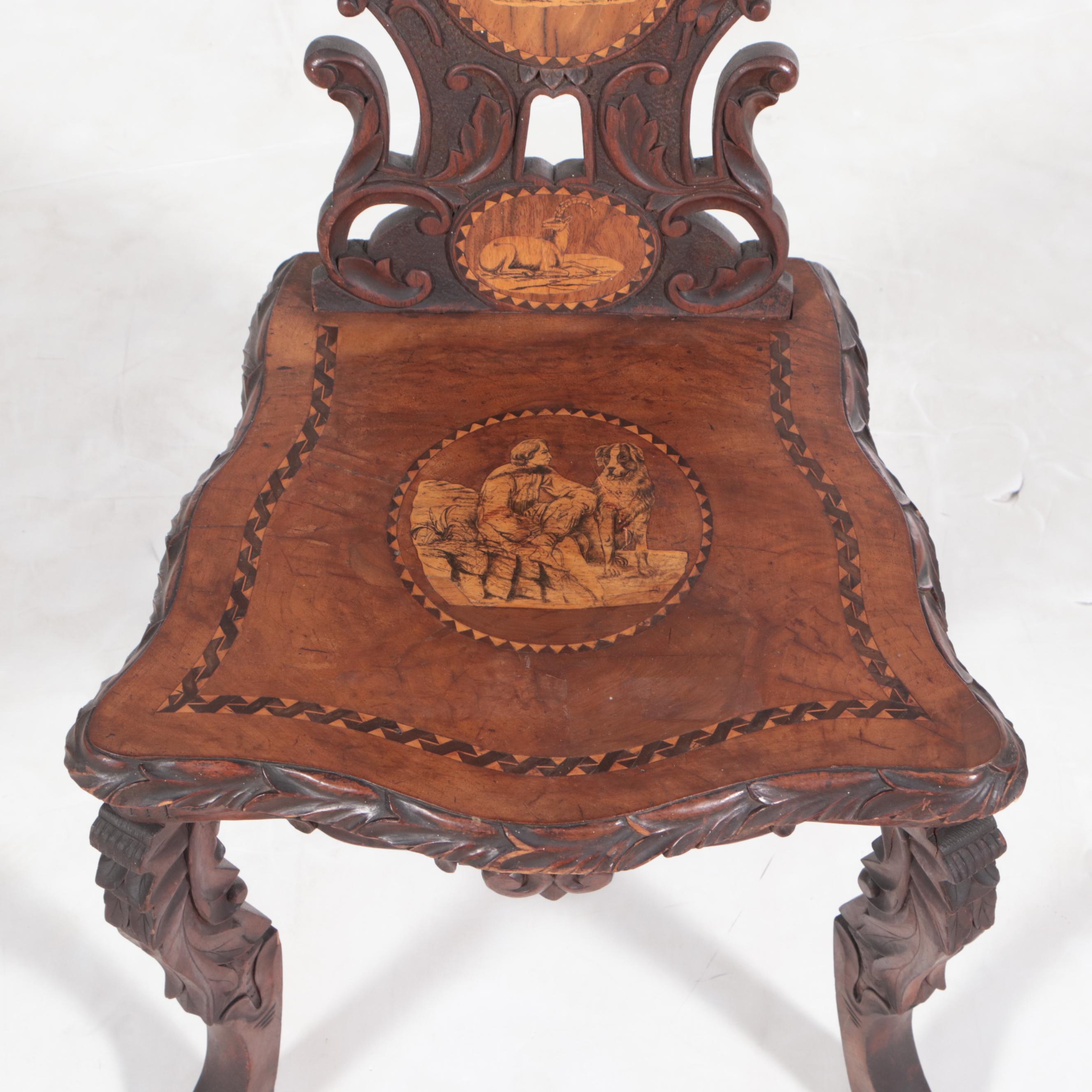 Black Forest Carved Walnut and Penwork Musical Hall Chair, Late 19th Century