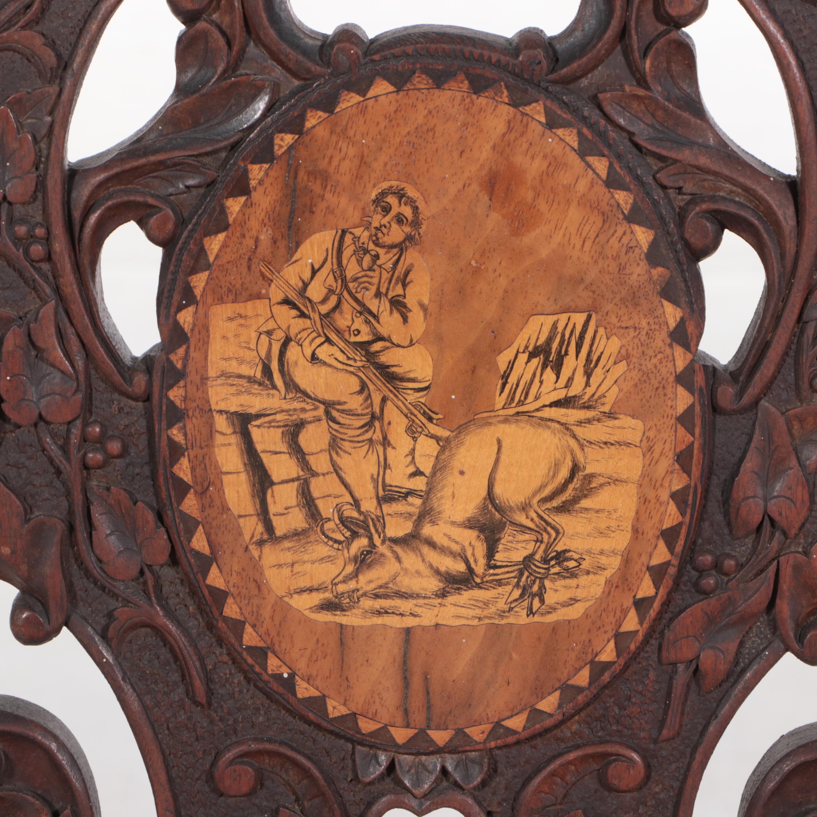 Black Forest Carved Walnut and Penwork Musical Hall Chair, Late 19th Century