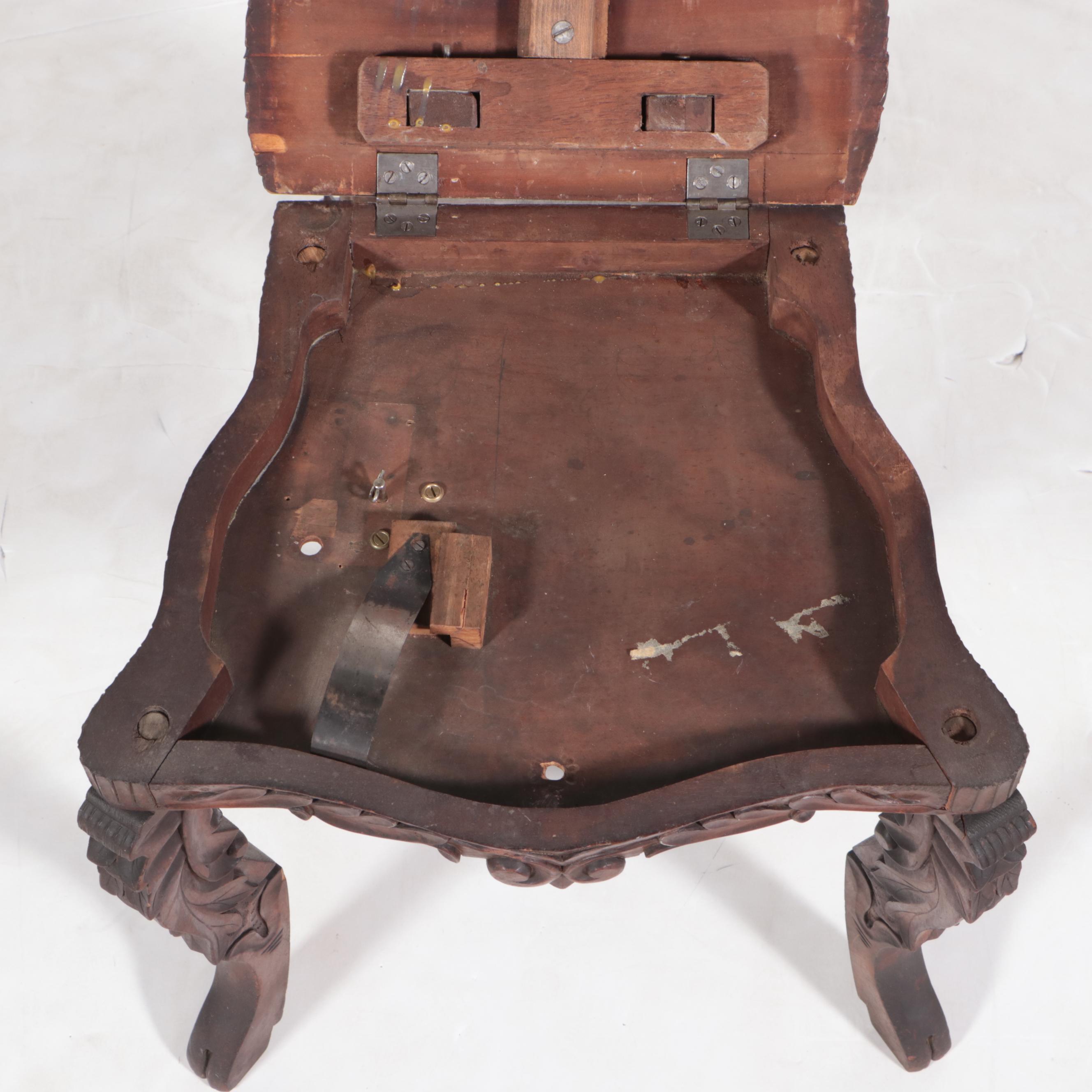 Black Forest Carved Walnut and Penwork Musical Hall Chair, Late 19th Century