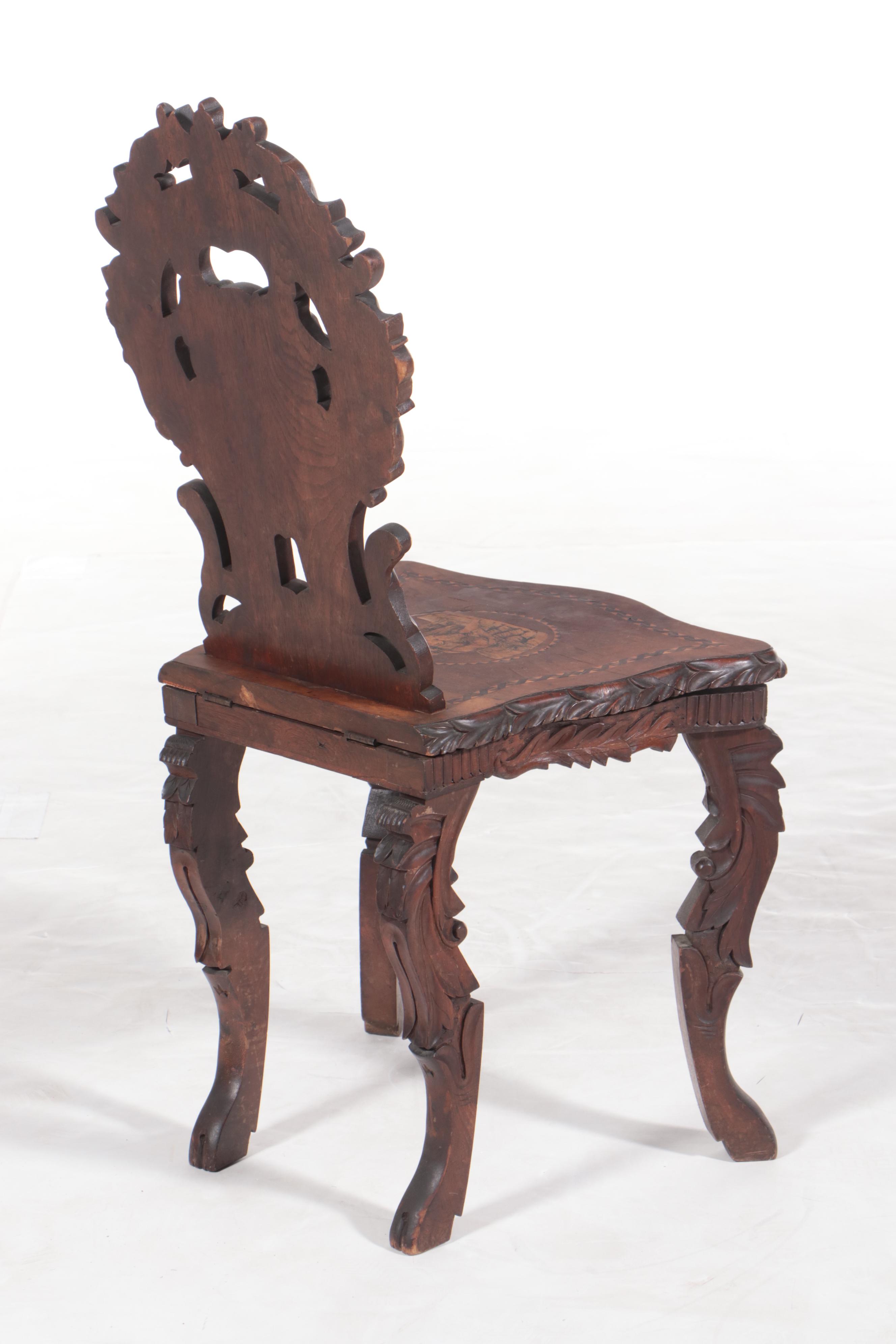Black Forest Carved Walnut and Penwork Musical Hall Chair, Late 19th Century