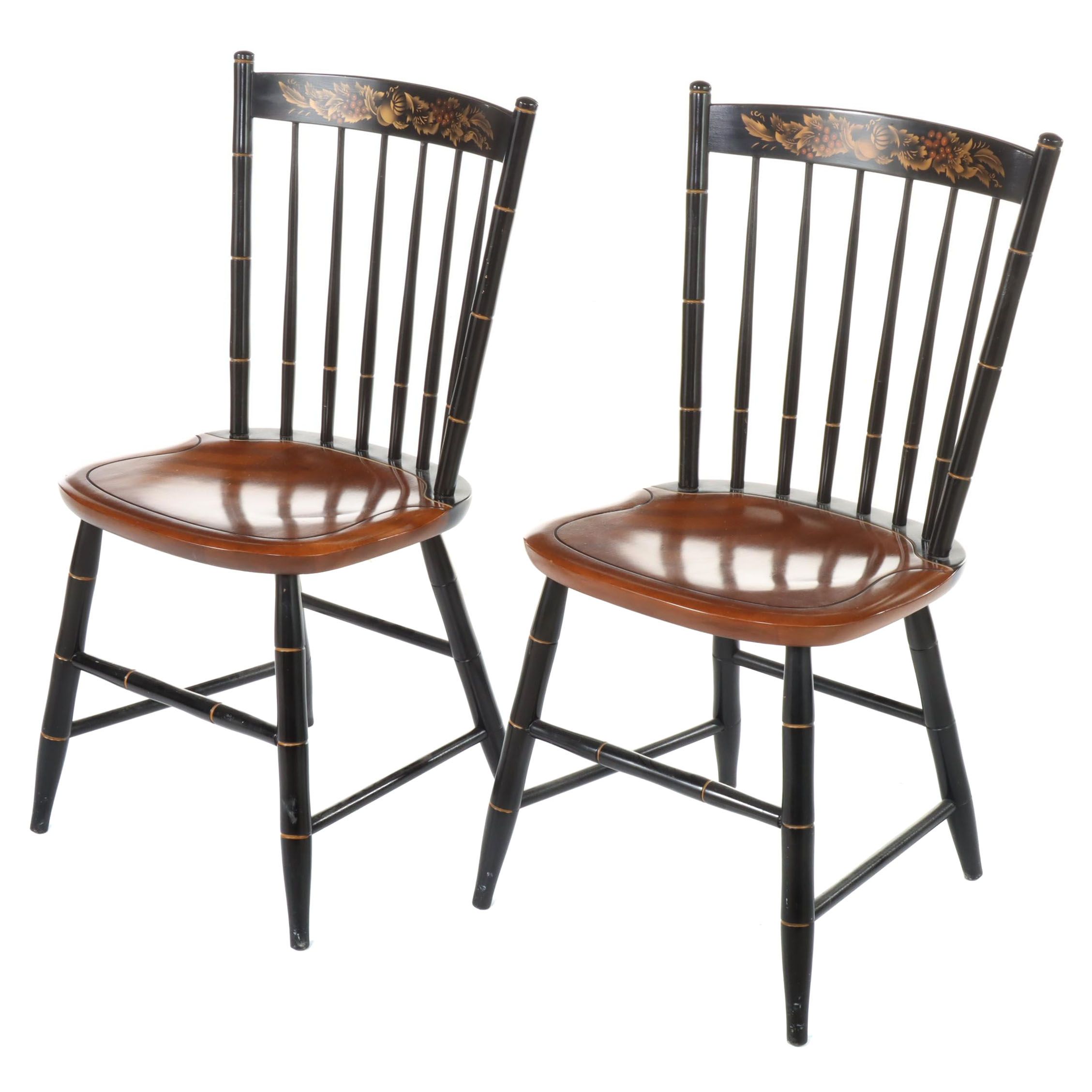 Pair of L. Hitchcock Maple, Ebonized, and Gilt-Stenciled "Fancy" Side Chairs