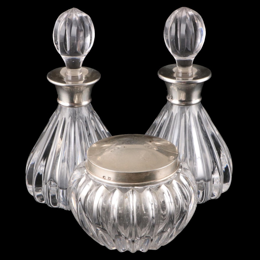 Spanish 915 Silver Lid Glass Jar and Silver Rimmed Decanters