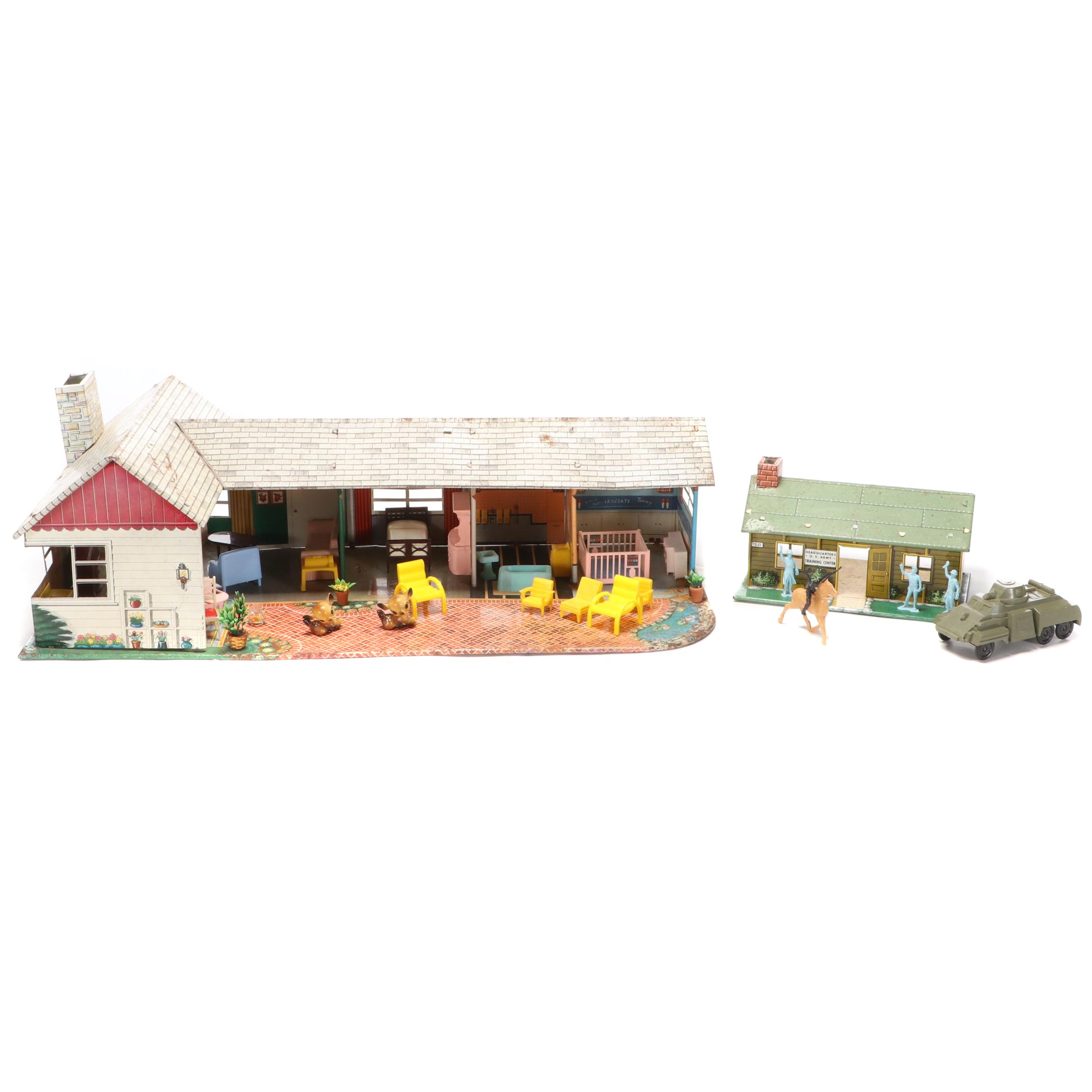 Marx Tin Litho Doll's Ranch House & Accessories, Army Barracks with Toy Soldiers