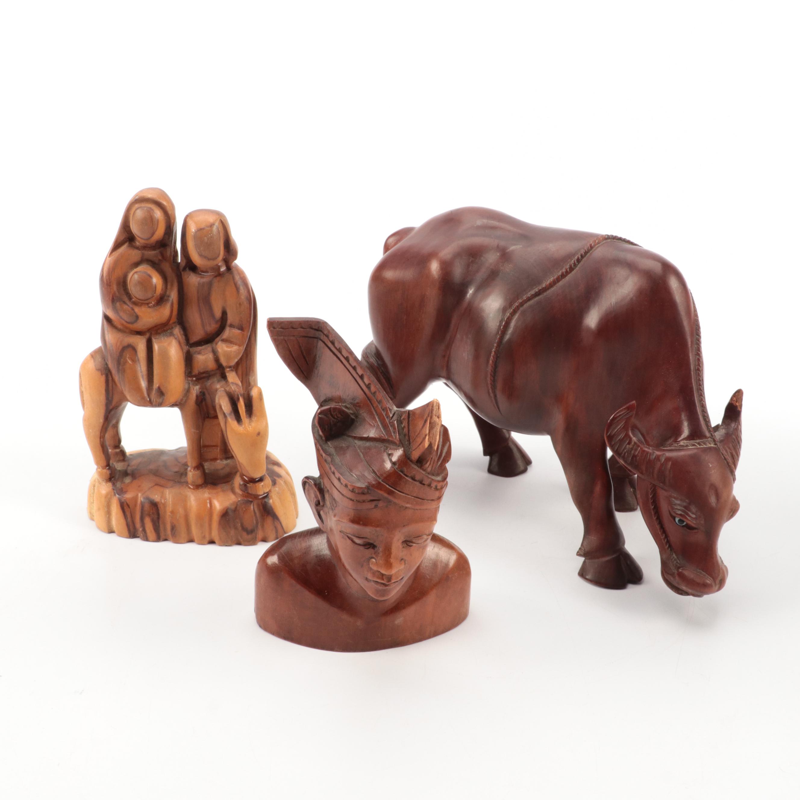 Asian, Israeli, African Hand-Carved Wood Figures Including Water Buffalo, Sage