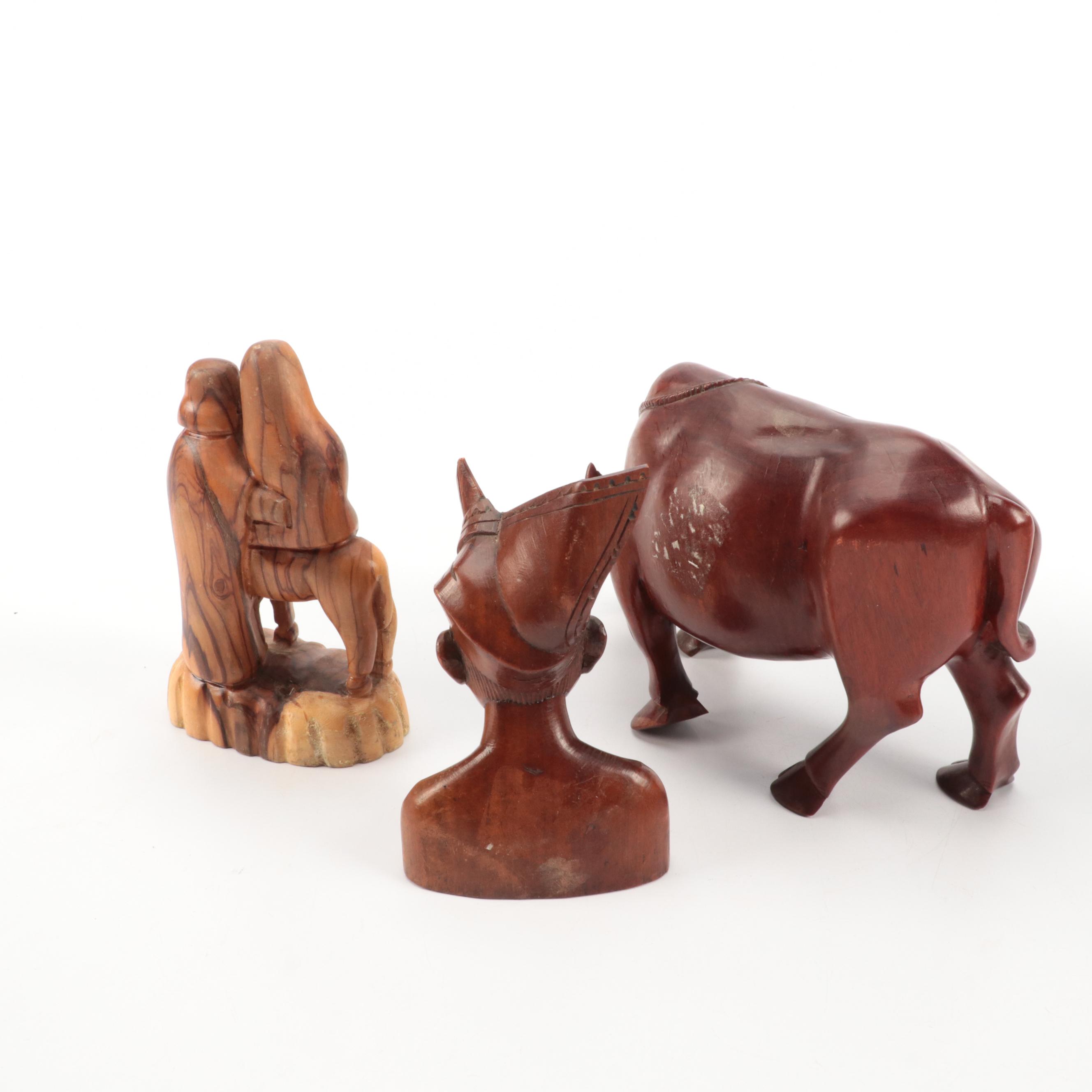 Asian, Israeli, African Hand-Carved Wood Figures Including Water Buffalo, Sage