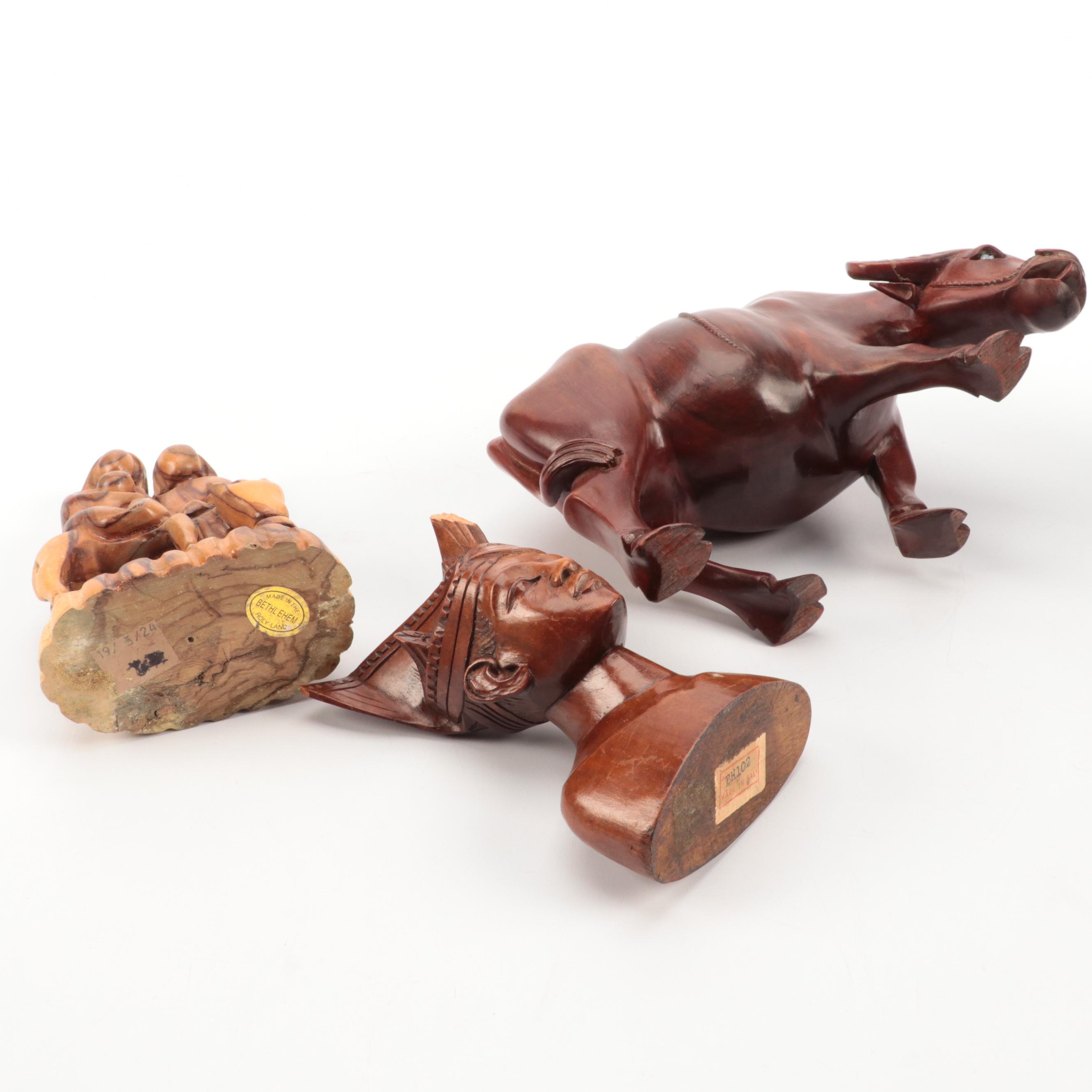 Asian, Israeli, African Hand-Carved Wood Figures Including Water Buffalo, Sage