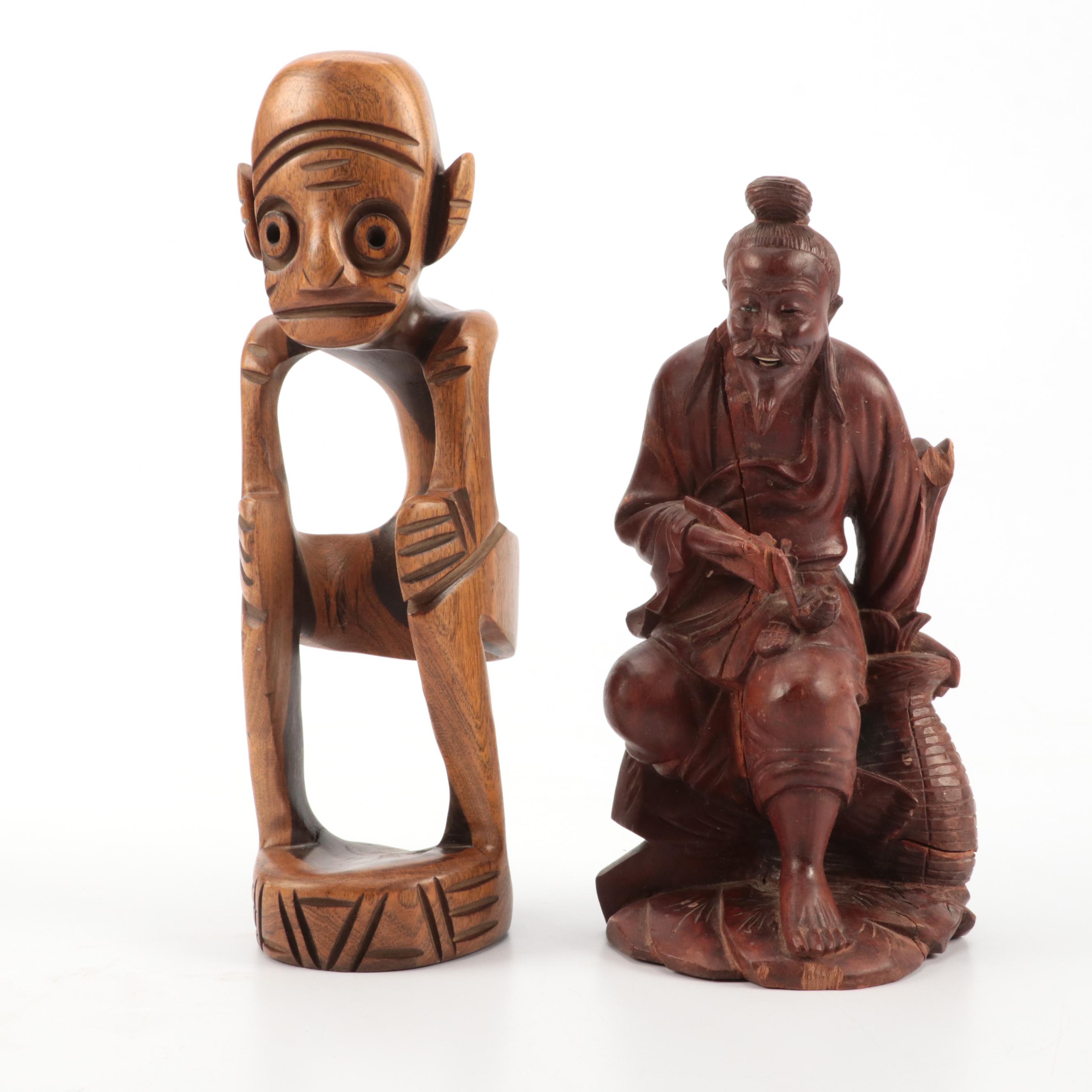 Asian, Israeli, African Hand-Carved Wood Figures Including Water Buffalo, Sage