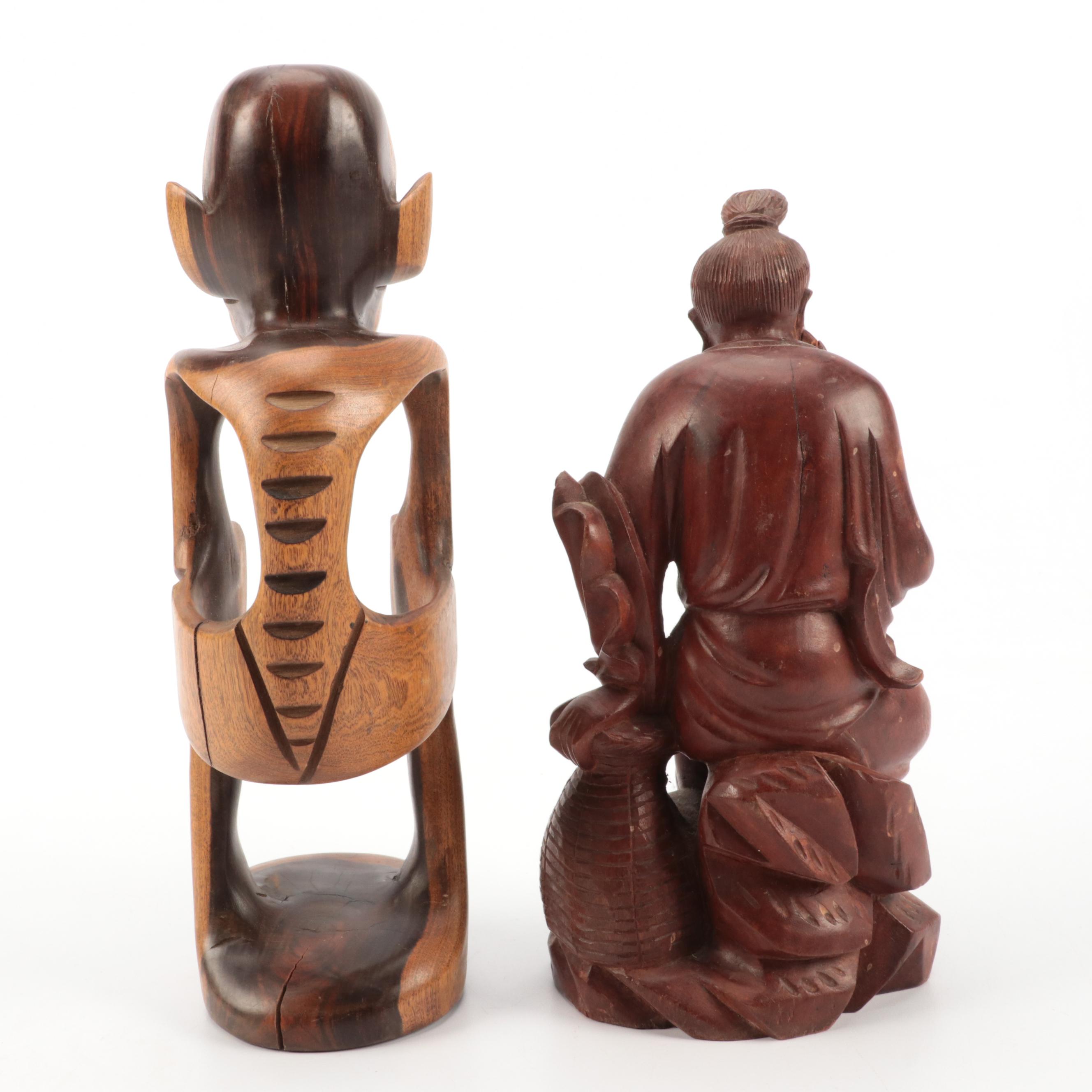 Asian, Israeli, African Hand-Carved Wood Figures Including Water Buffalo, Sage