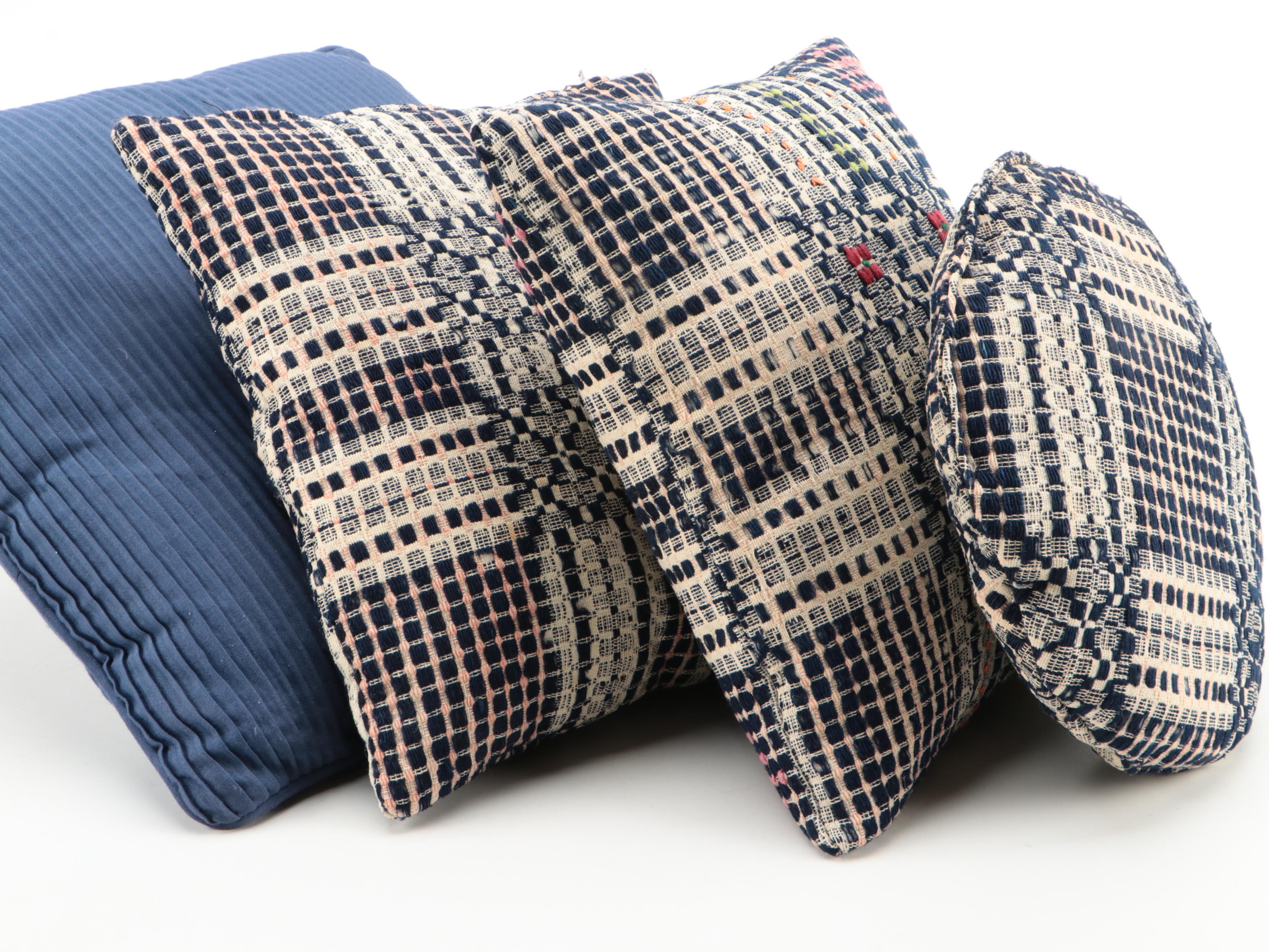 Sferra Basket Weave Cotton Throw Blanket with Needlepoint and More Pillows