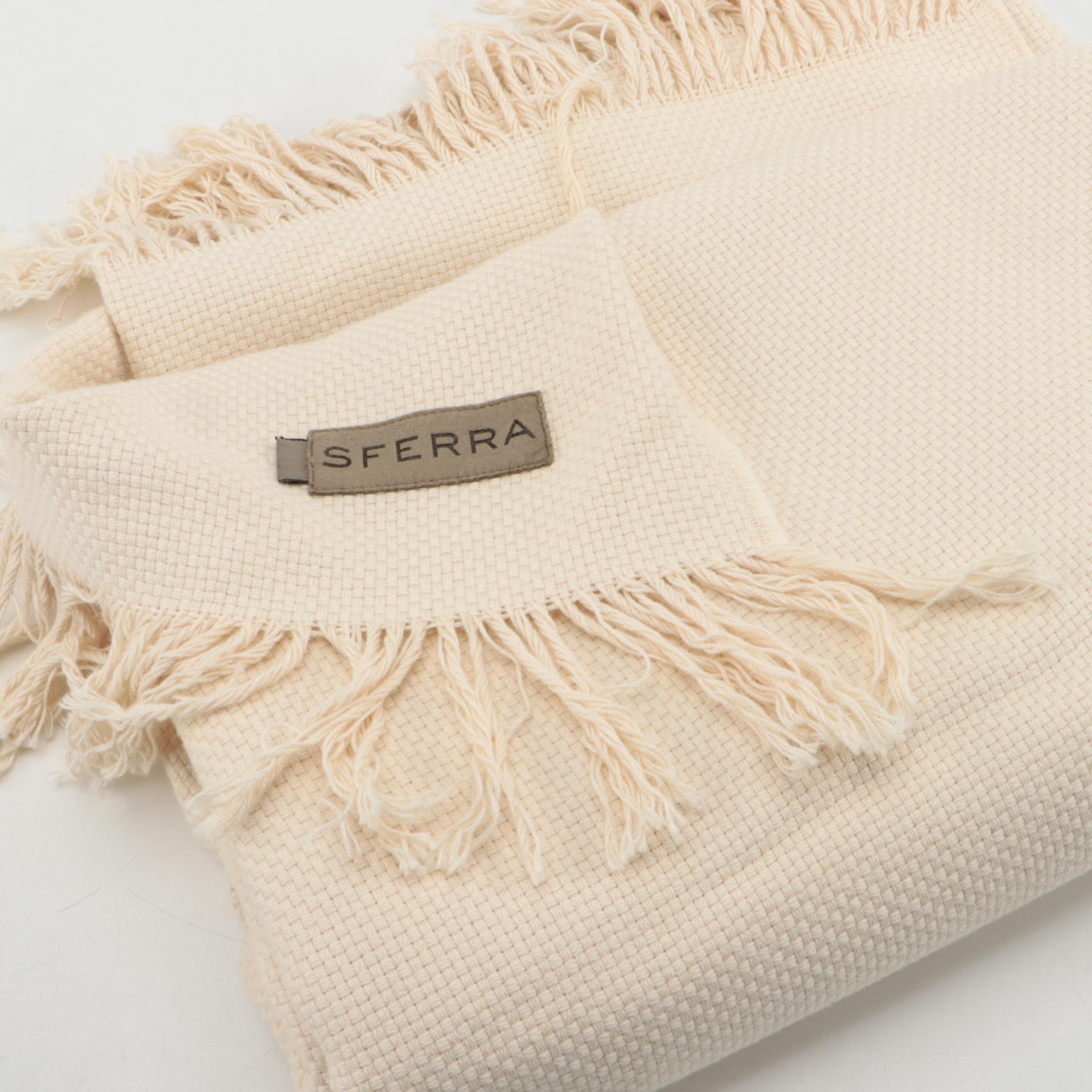 Sferra Basket Weave Cotton Throw Blanket with Needlepoint and More Pillows