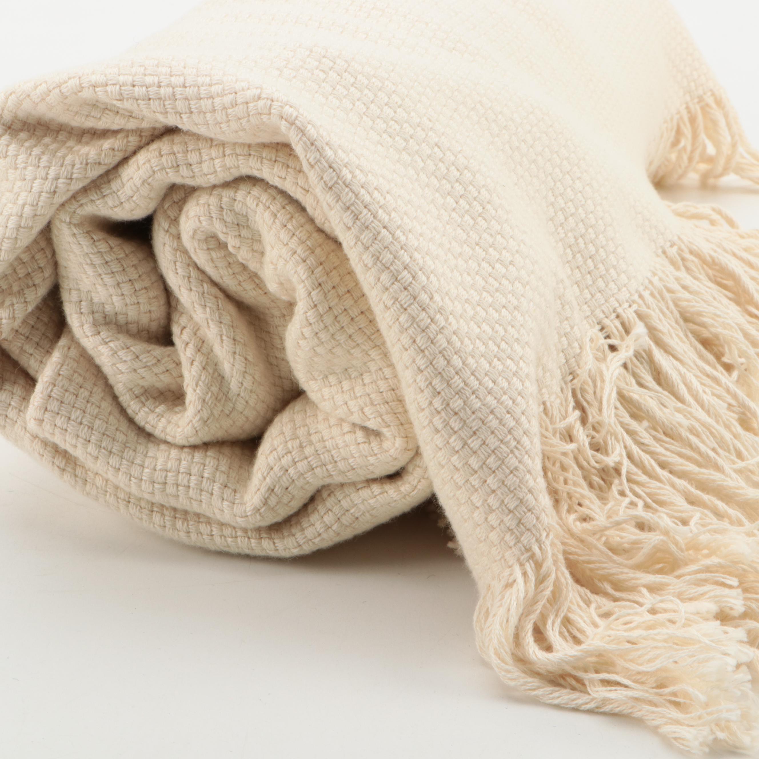 Sferra Basket Weave Cotton Throw Blanket with Needlepoint and More Pillows