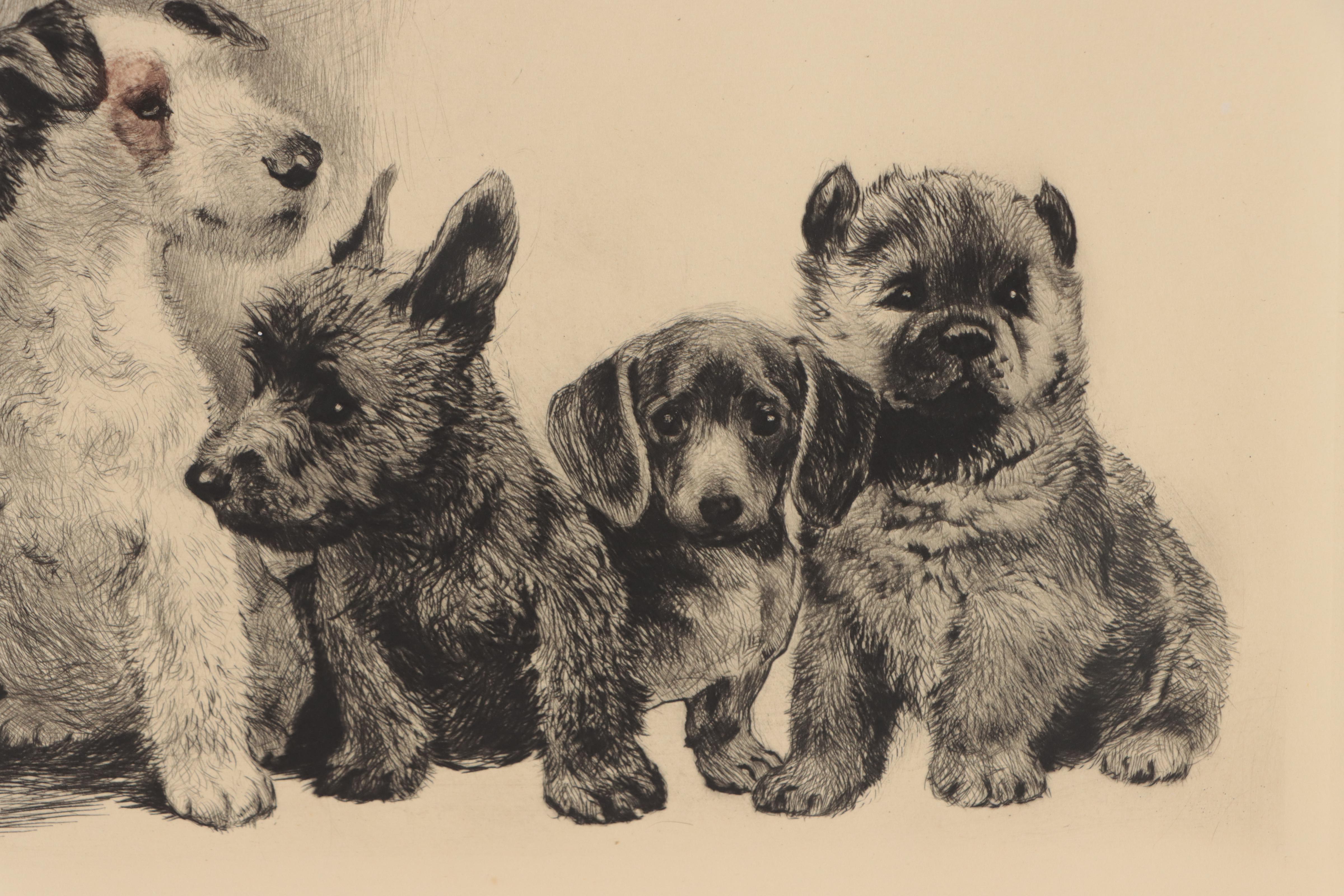 Engraving of Puppy Dogs, Mid to Late 20th Century