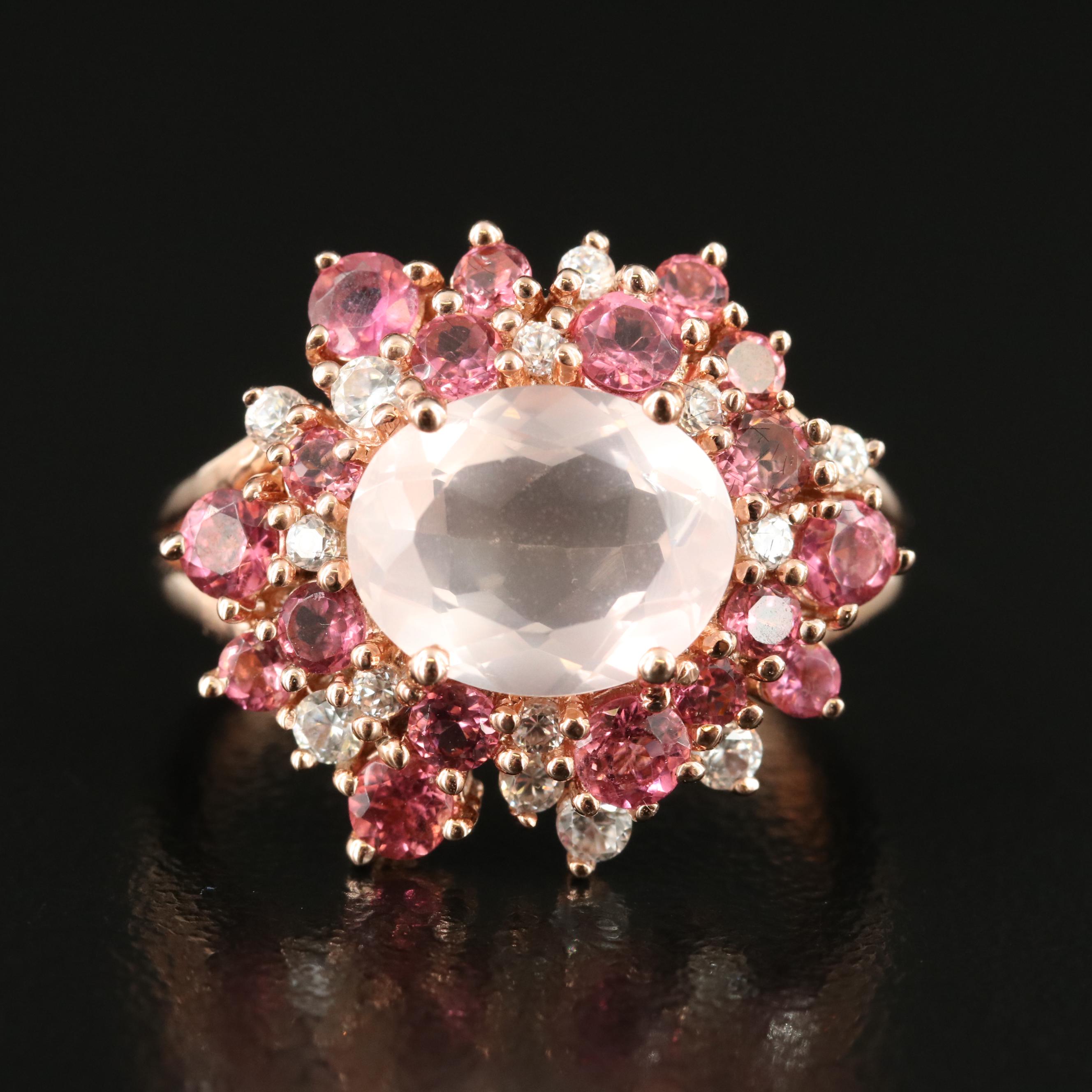 Sterling Rose Quartz, Zircon and Tourmaline Ring