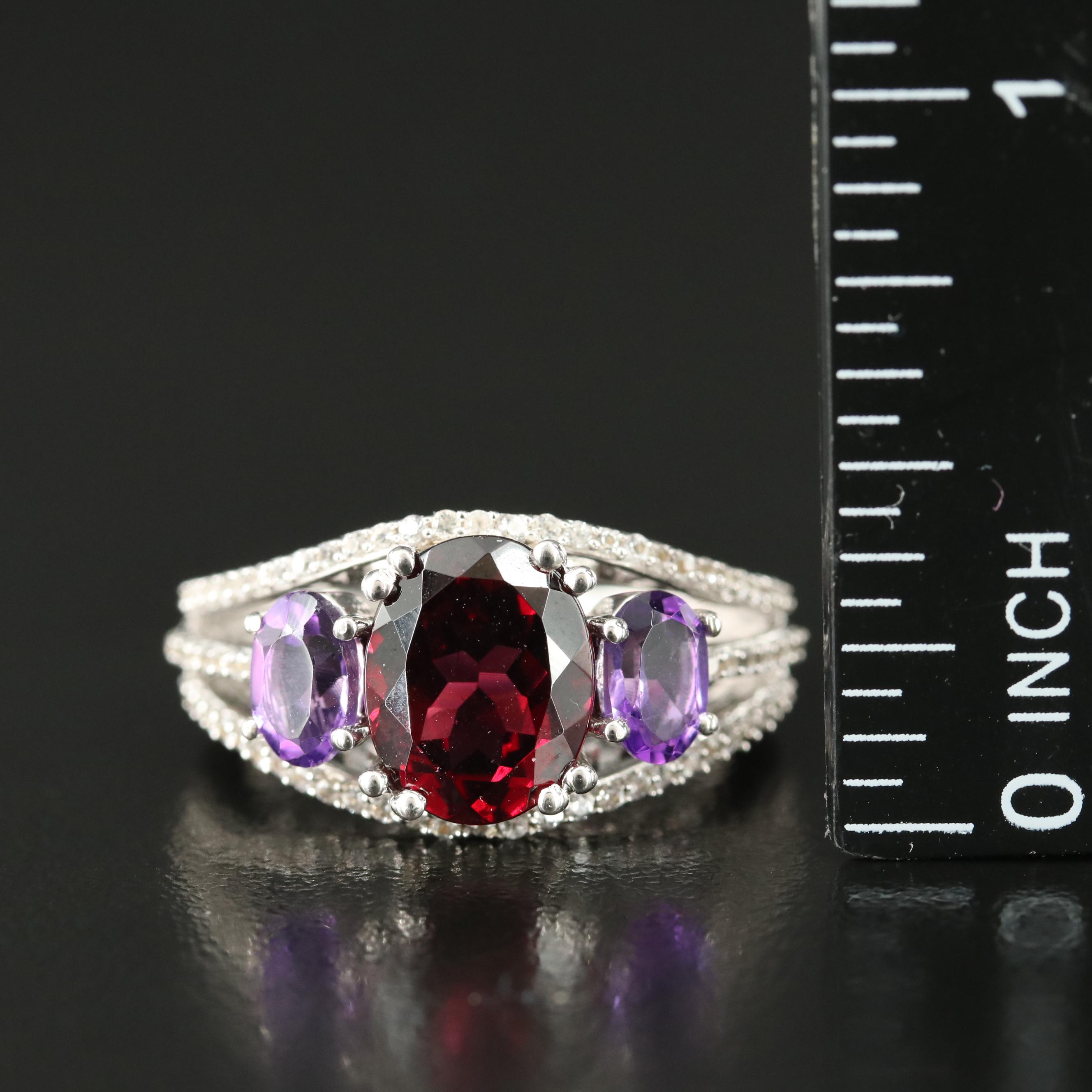 Sterling Garnet, Amethyst and White Sapphire Ring