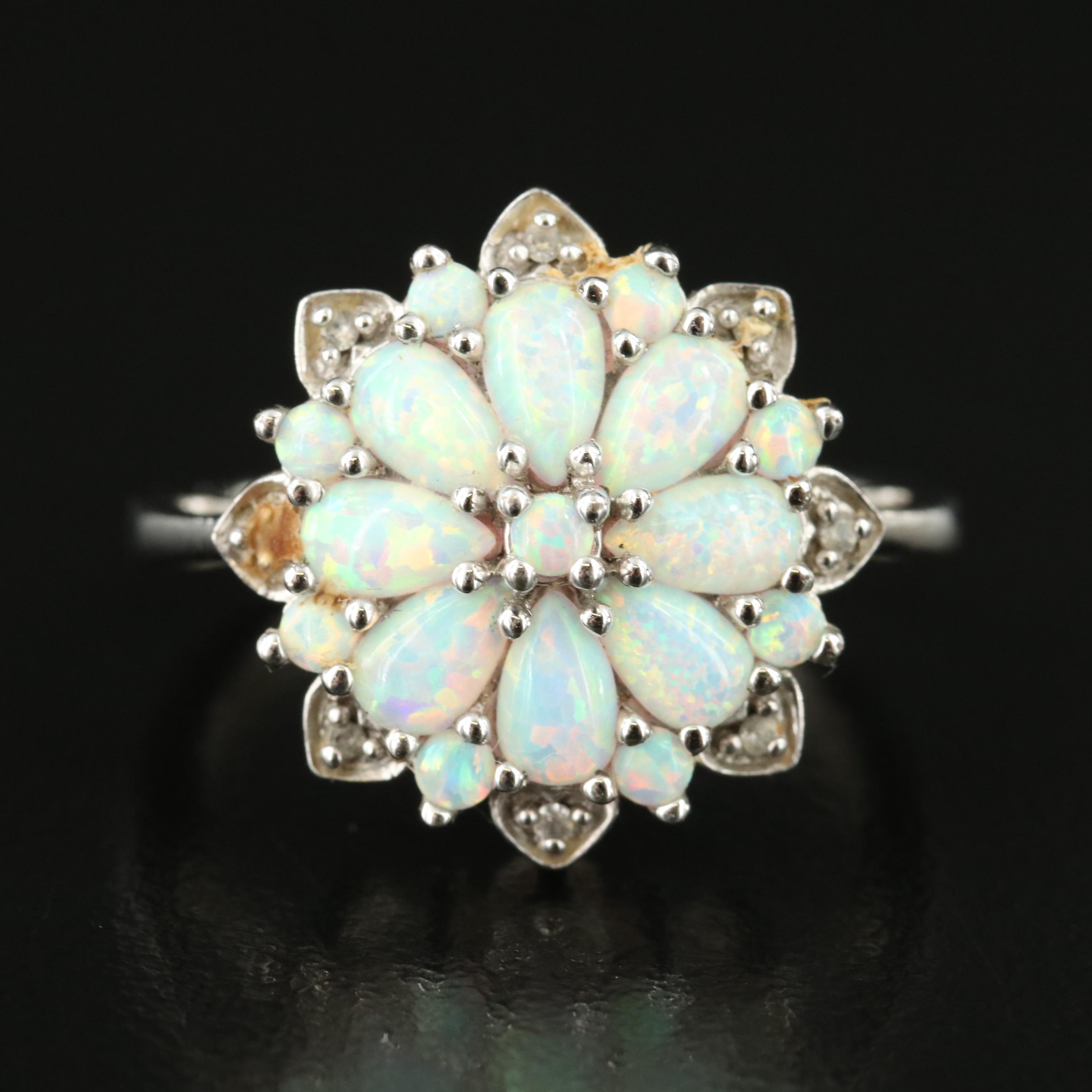 Sterling Opal and White Sapphire Flower Ring