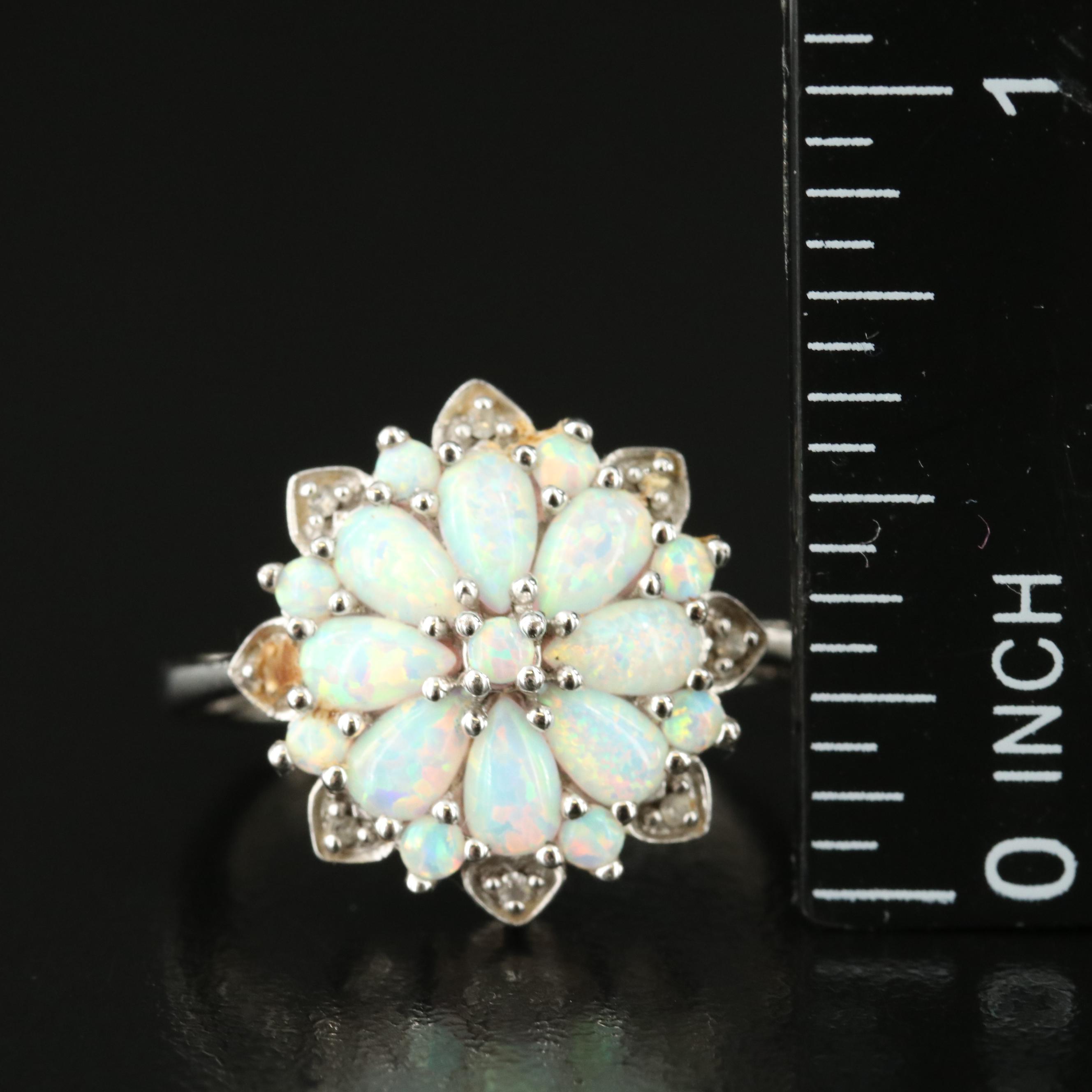 Sterling Opal and White Sapphire Flower Ring