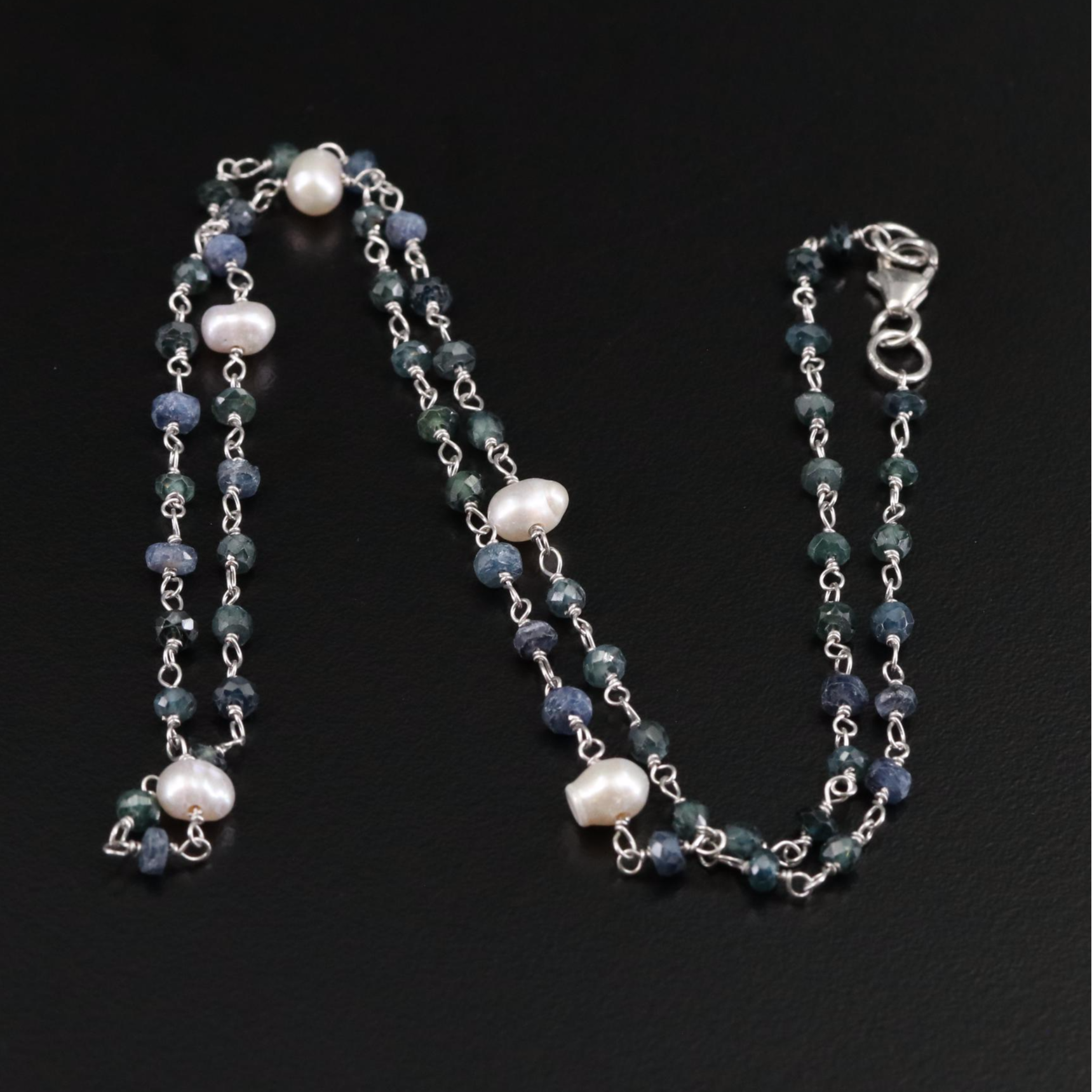 Sterling Cultured Pearl and Sapphire Beaded Necklace