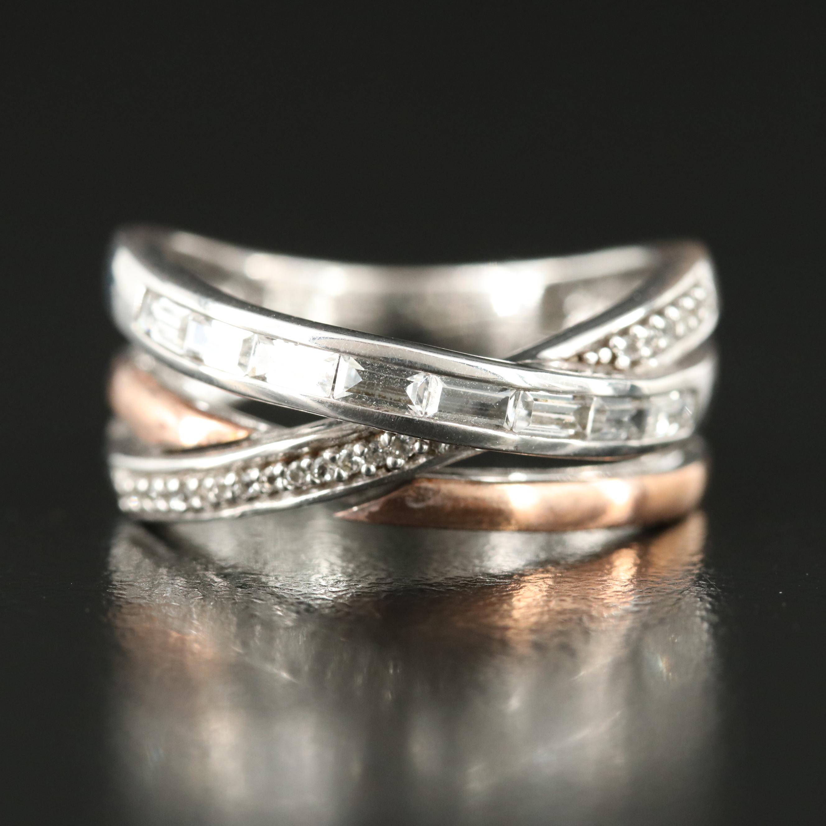 Sterling White Sapphire Crossover Ring with 10K Rose Gold Accents