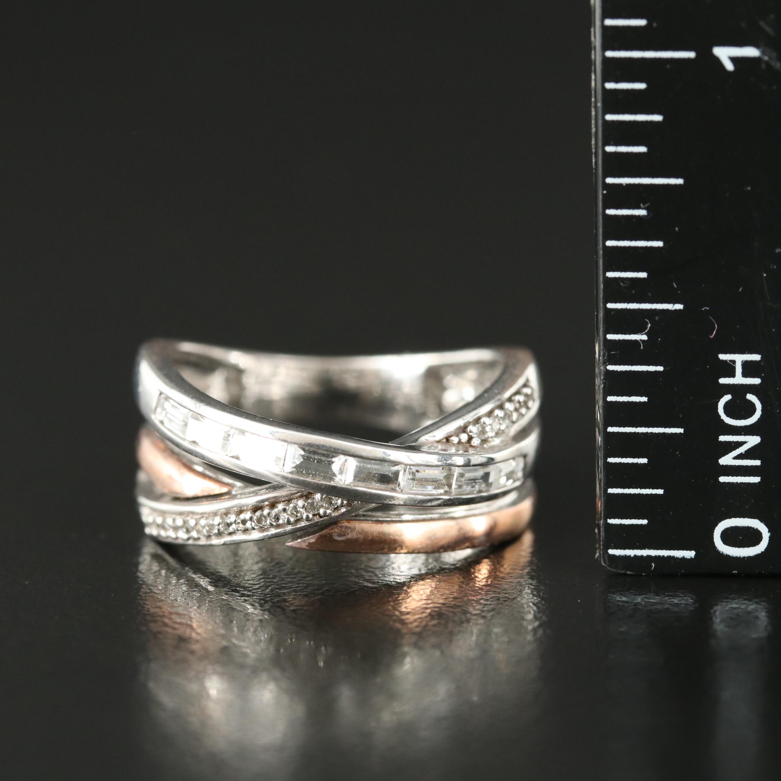 Sterling White Sapphire Crossover Ring with 10K Rose Gold Accents