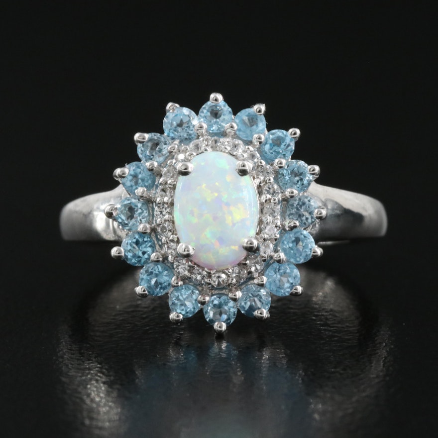 Sterling Opal, Sapphire and Topaz Ring