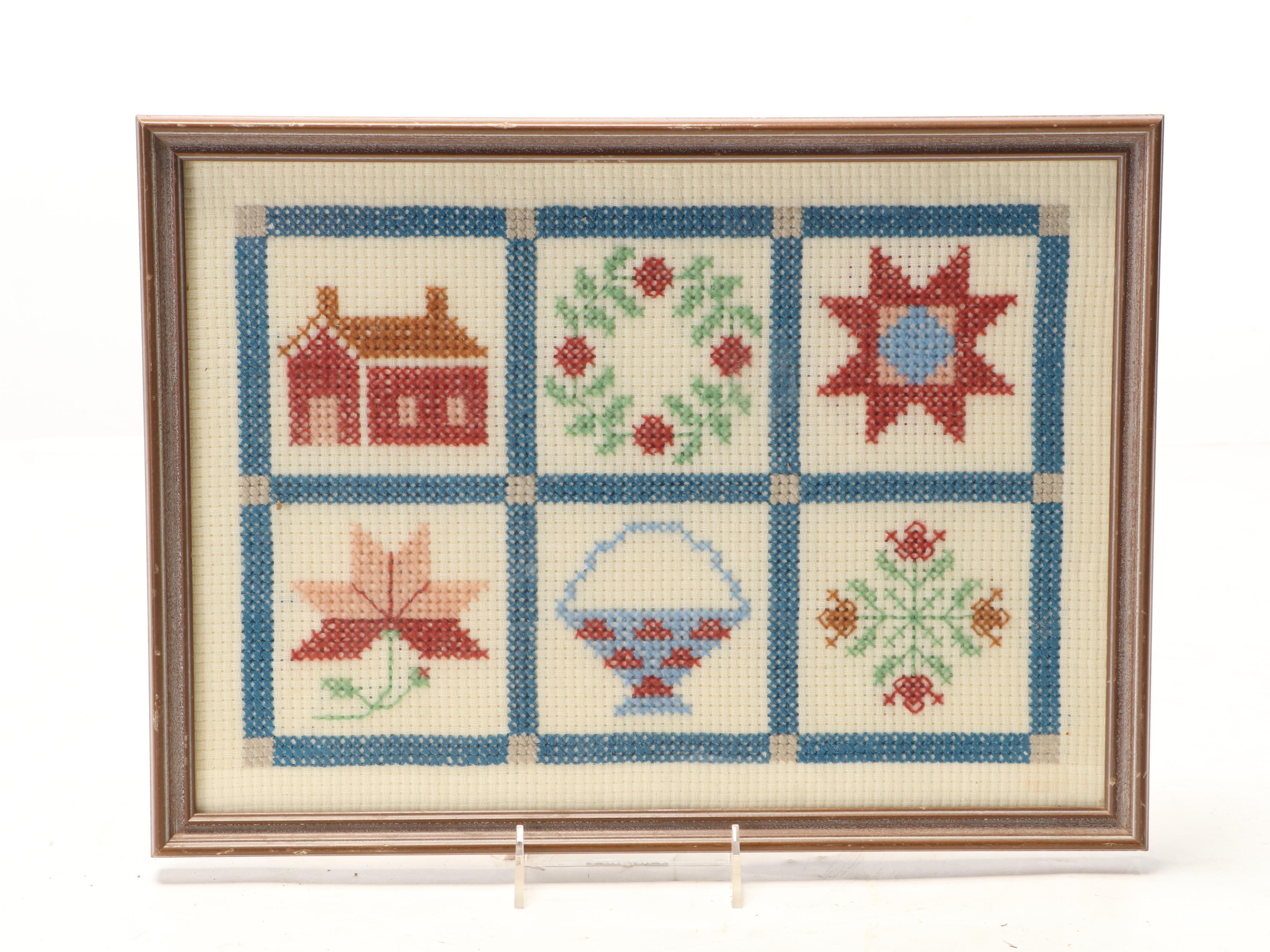 Hand-Crafted Rattan and Wood Bead Basket With Cross-Stitch Sampler, More