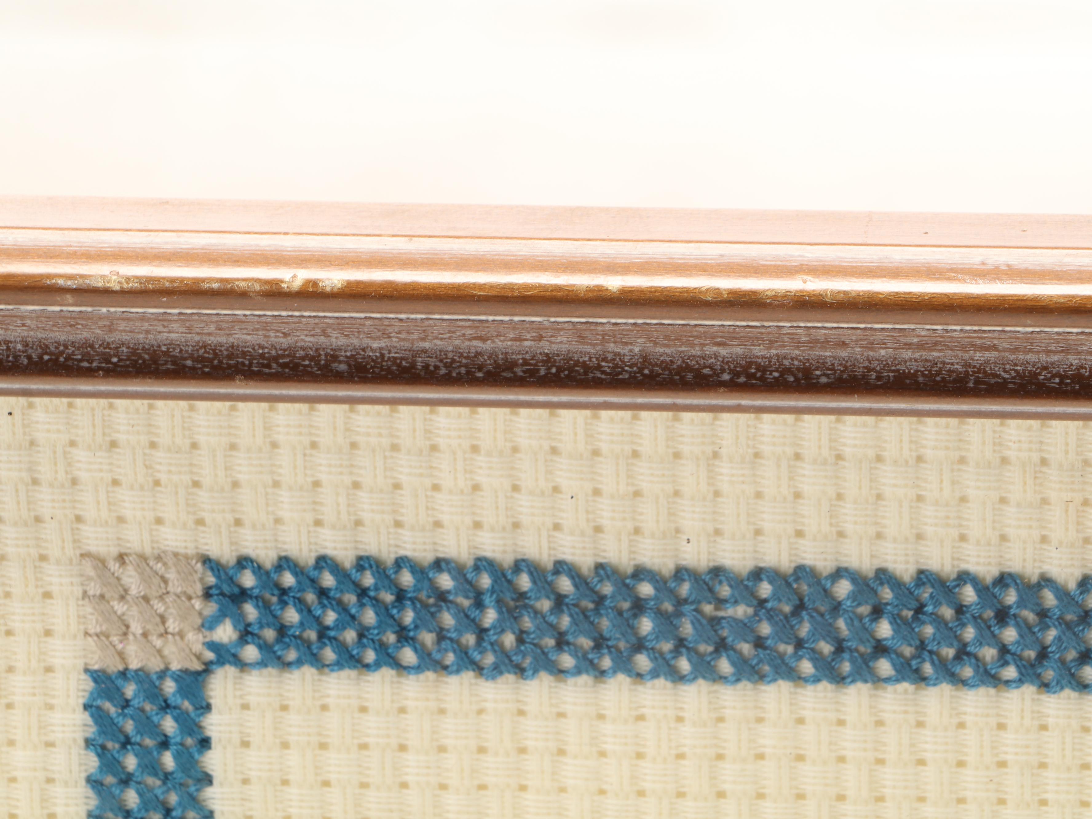 Hand-Crafted Rattan and Wood Bead Basket With Cross-Stitch Sampler, More