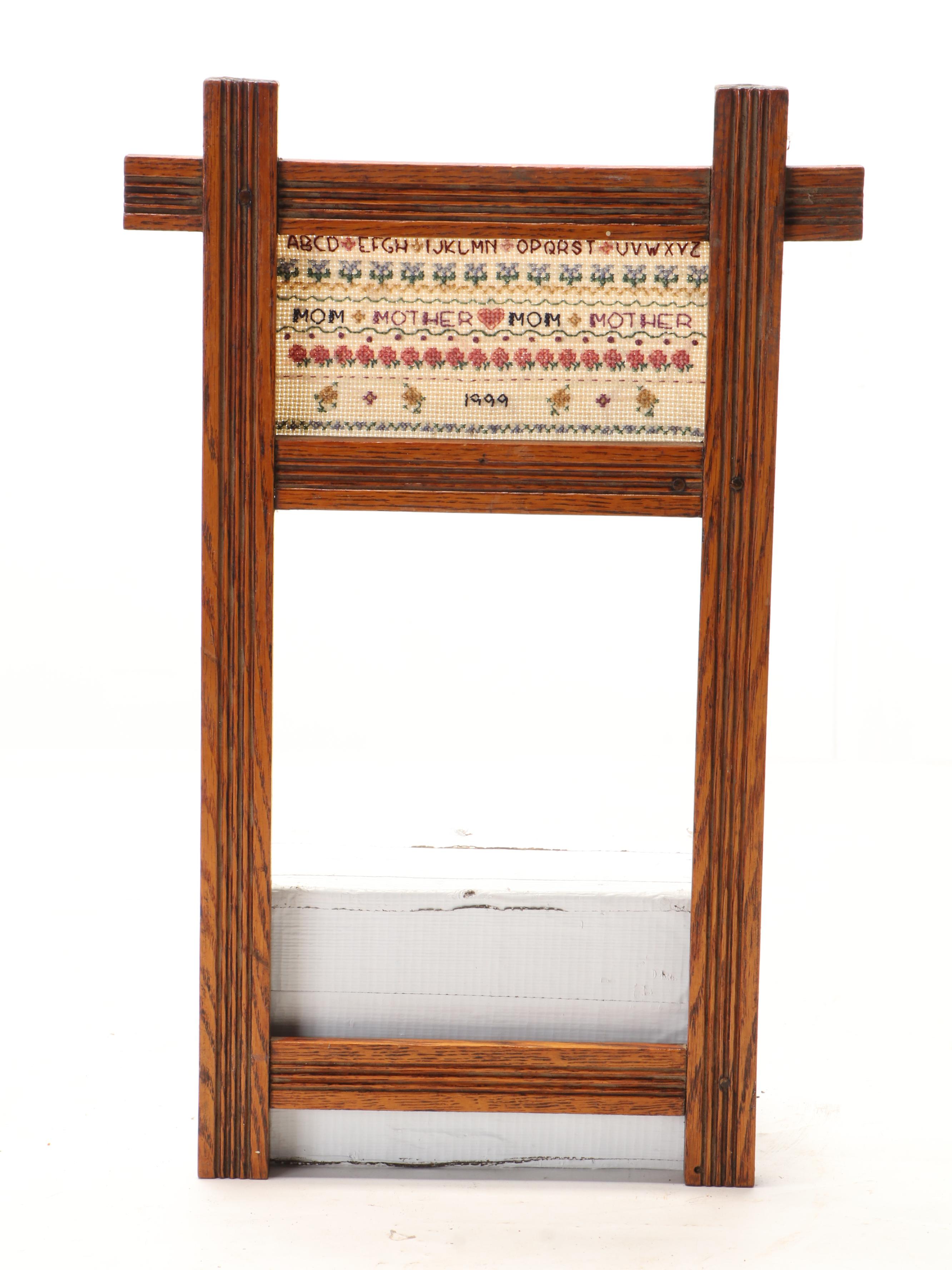 Hand-Crafted Rattan and Wood Bead Basket With Cross-Stitch Sampler, More