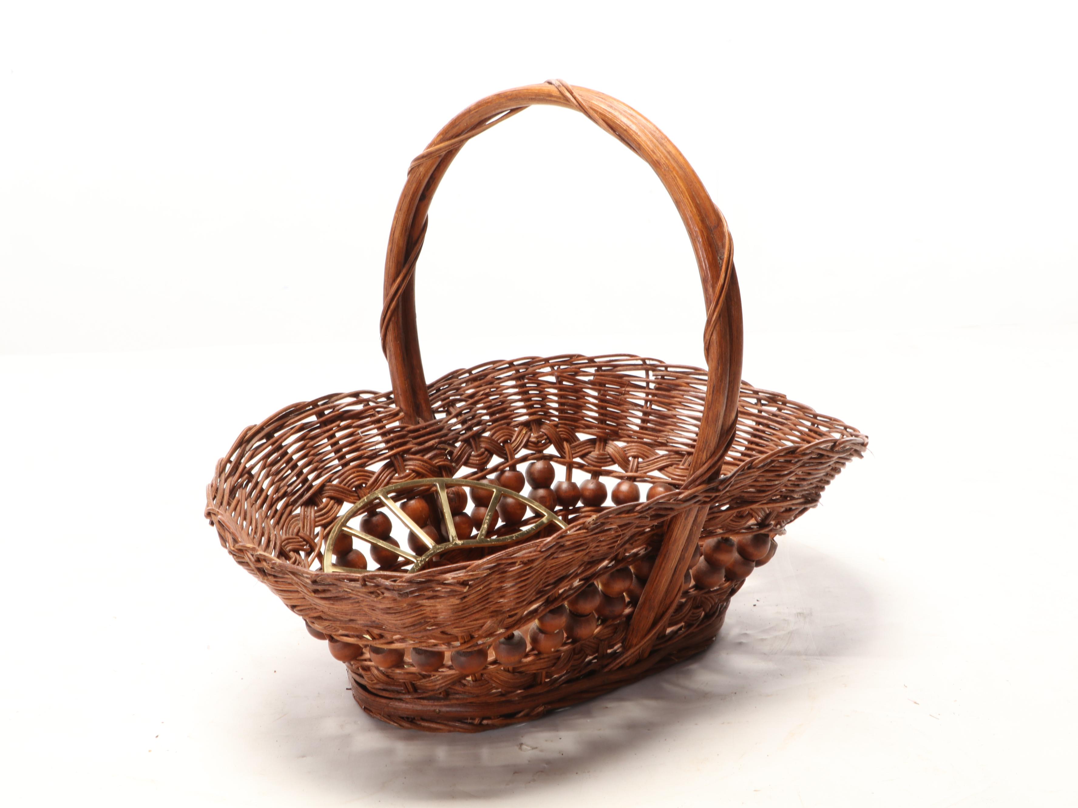 Hand-Crafted Rattan and Wood Bead Basket With Cross-Stitch Sampler, More