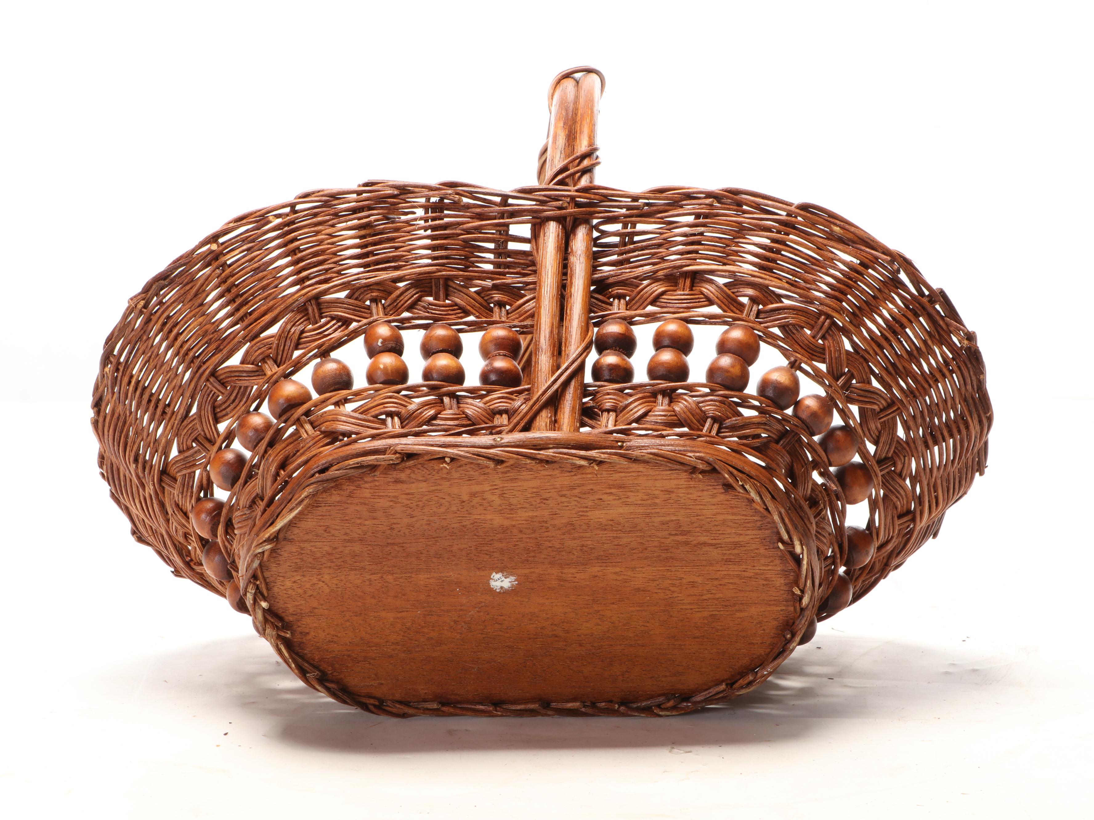Hand-Crafted Rattan and Wood Bead Basket With Cross-Stitch Sampler, More