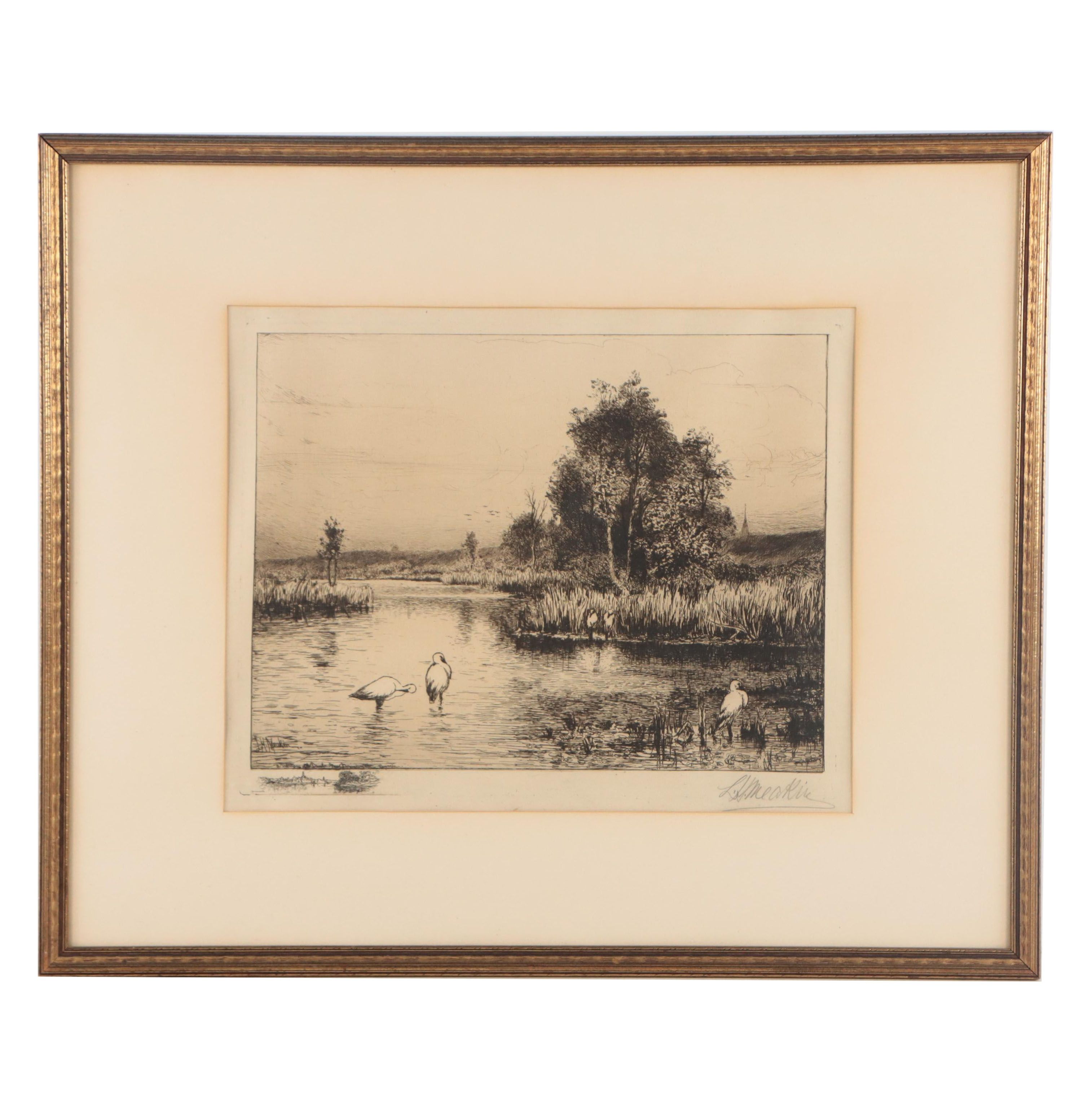 Lewis Meakin Etching "The Danube Near Donauworth, Bavaria," Late 19th Century