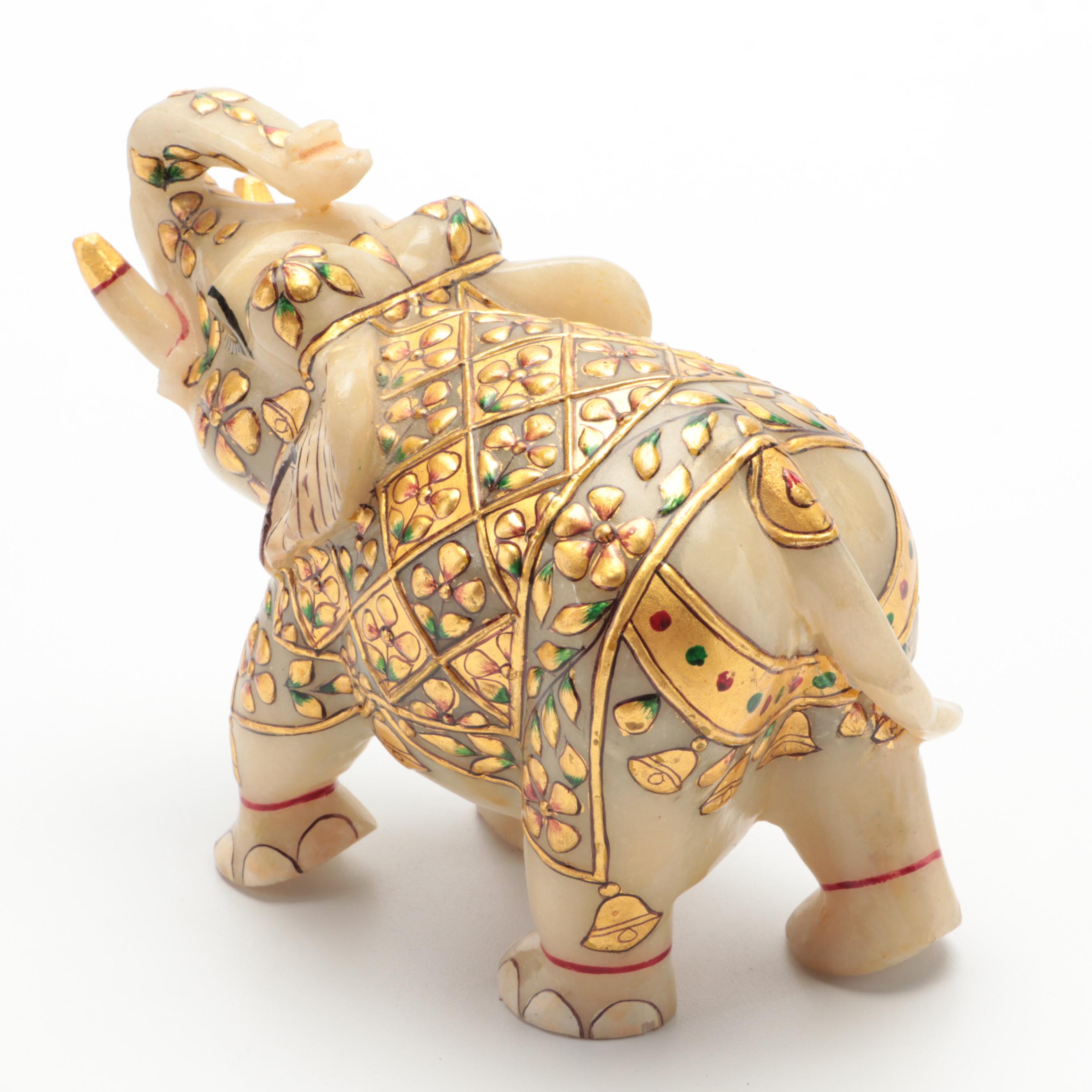 Indian Gilt Painted Carved Calcite Elephant Figurine