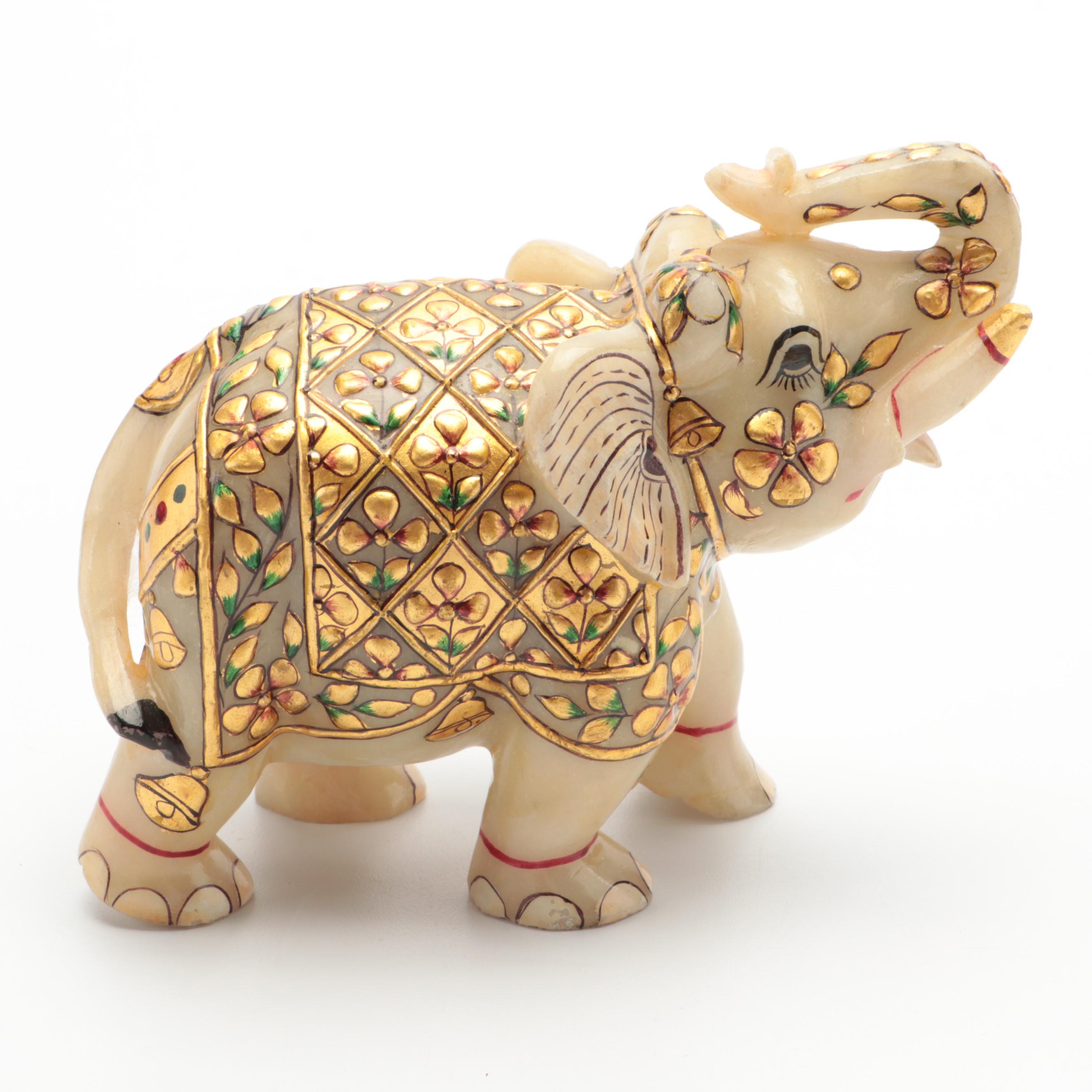 Indian Gilt Painted Carved Calcite Elephant Figurine
