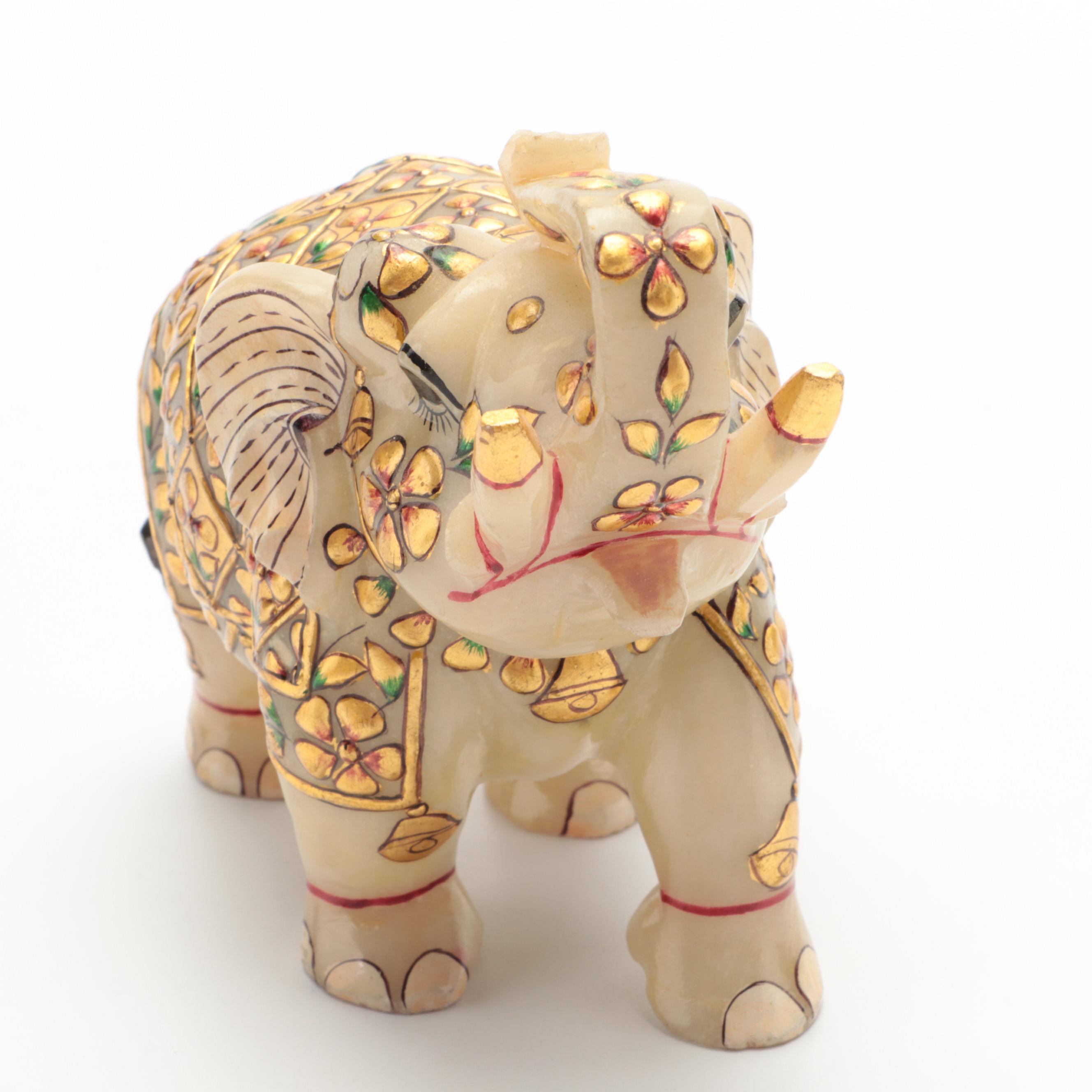 Indian Gilt Painted Carved Calcite Elephant Figurine