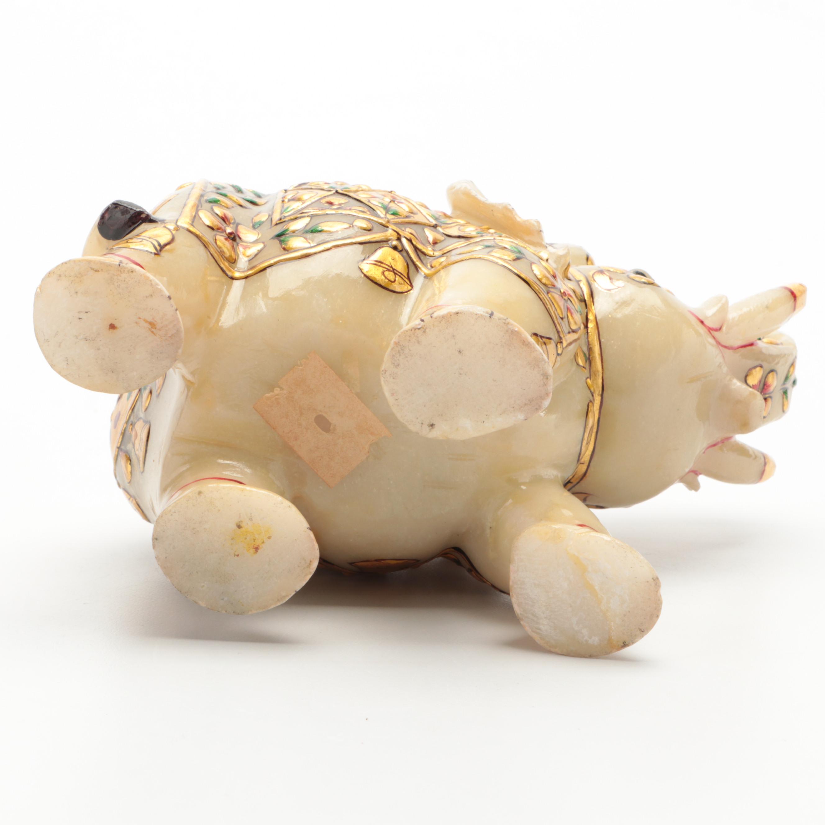 Indian Gilt Painted Carved Calcite Elephant Figurine