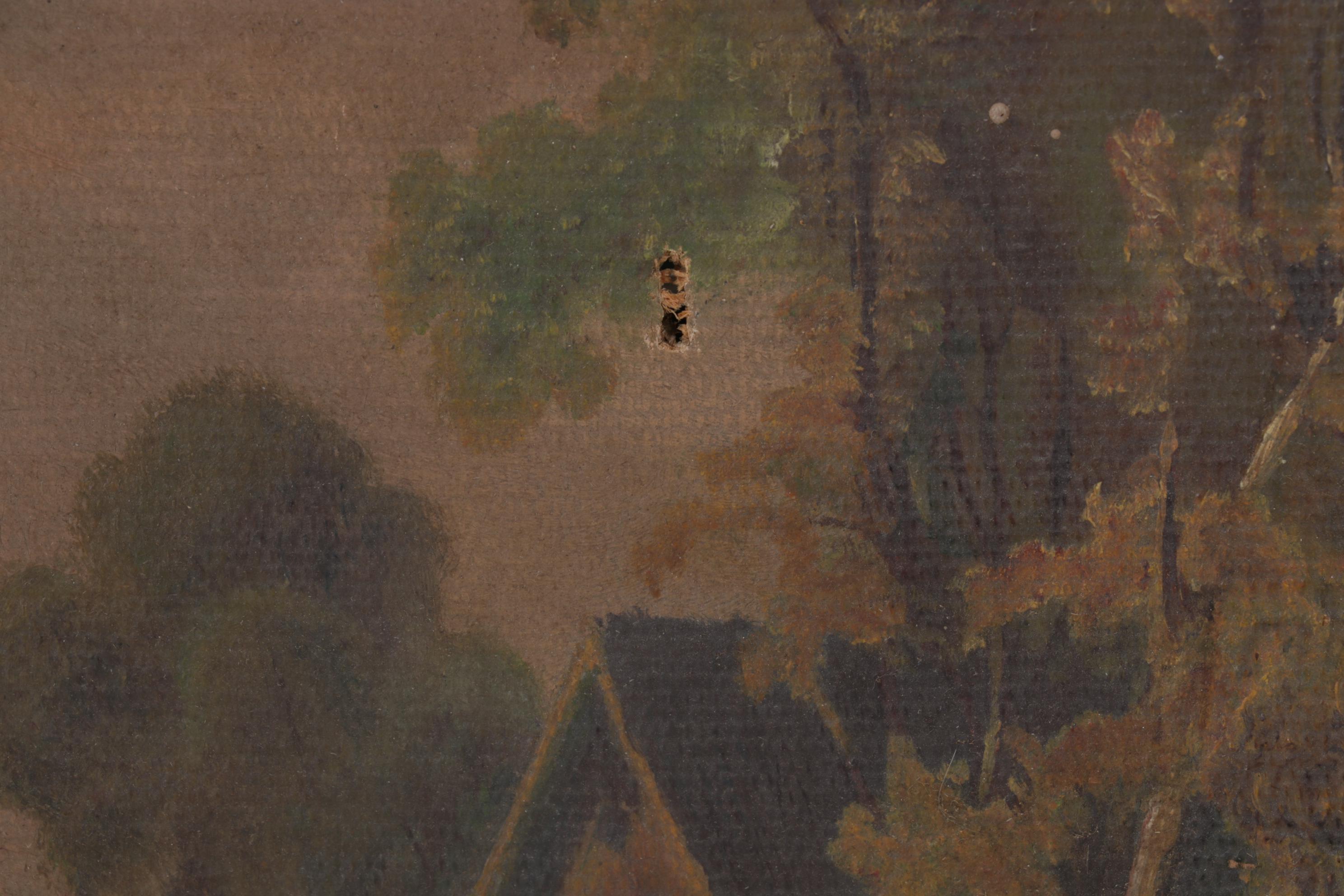 Lakeside Cottage and Church Steeple Oil Painting, 19th Century