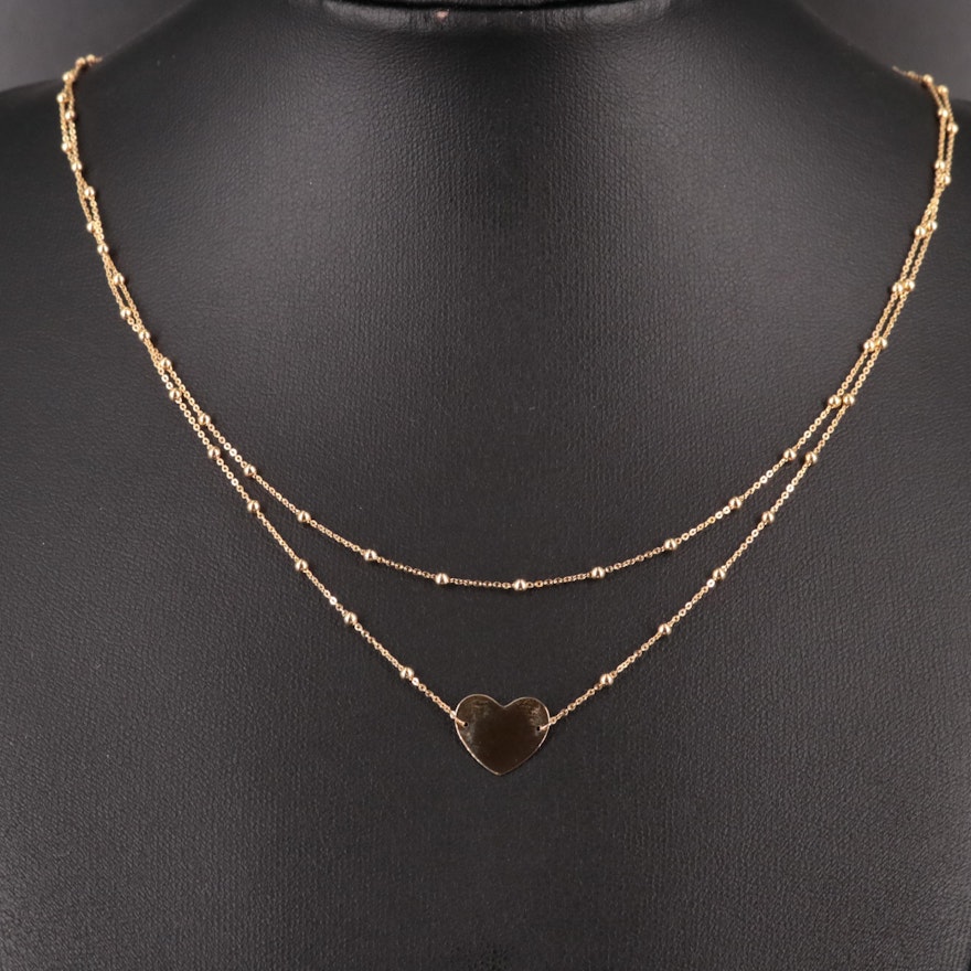14K Double Layered Chain with Heart Pendant Necklace