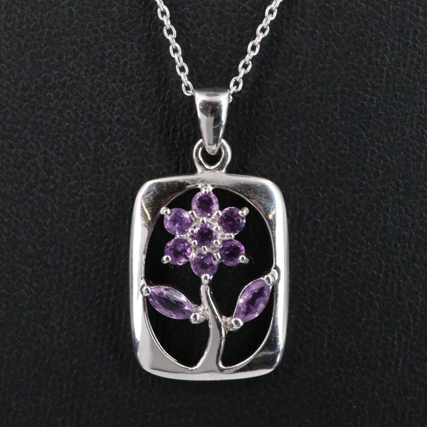 Sterling Amethyst Flower Pendant Necklace
